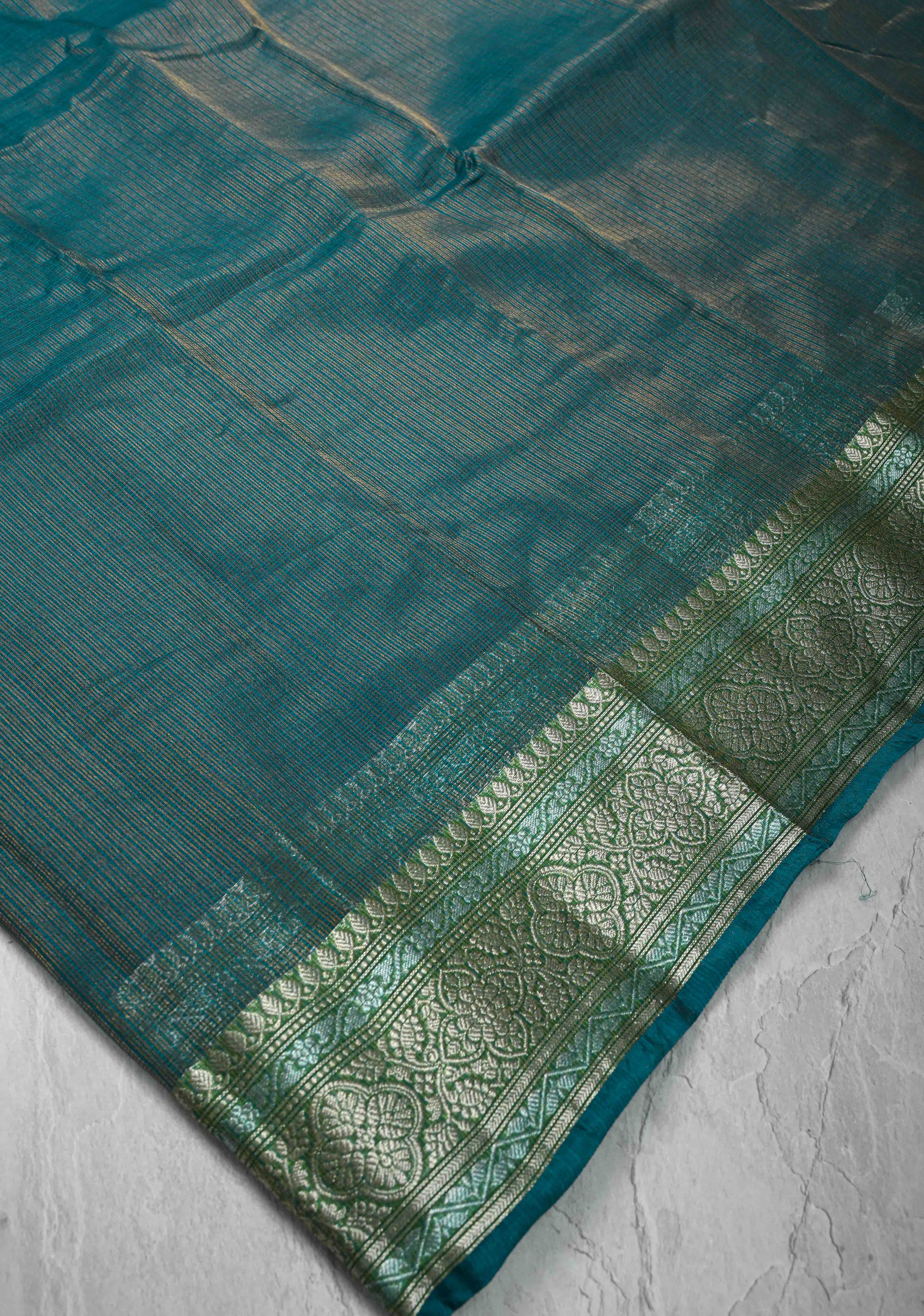 Peacock Green Kota Doria Tissue Cotton Saree with Sona Rupa Zari Border | Shobitam