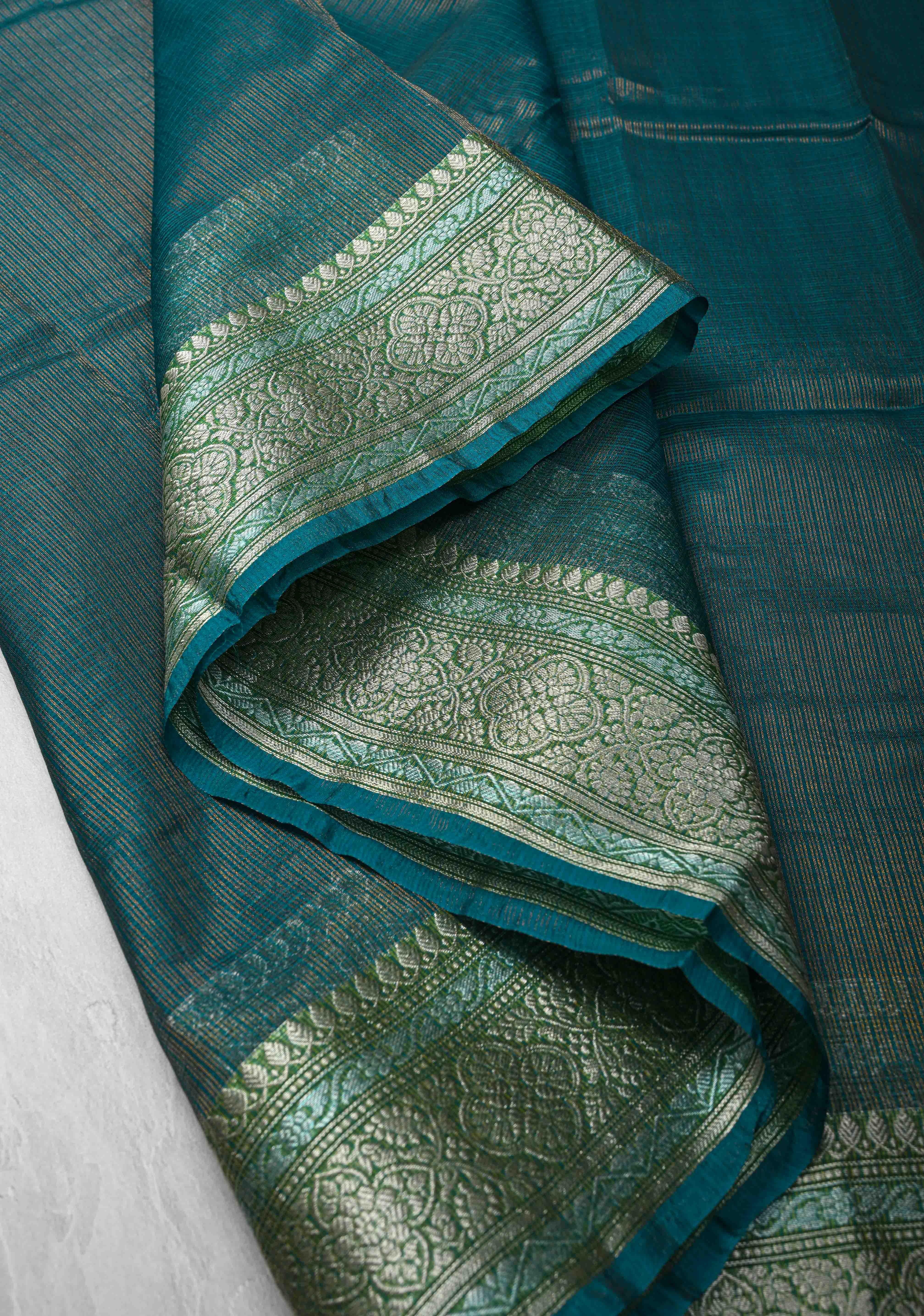 Peacock Green Kota Doria Tissue Cotton Saree with Sona Rupa Zari Border | Shobitam