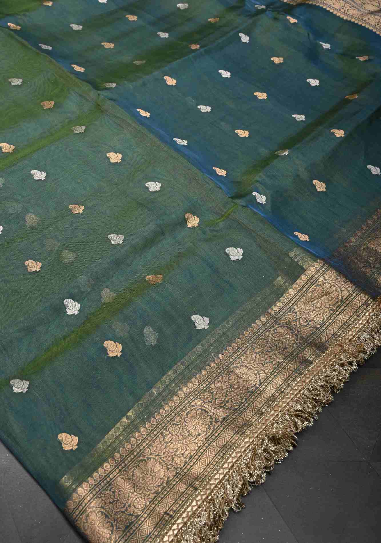 Peacock Green Organza Tissue Silk Saree with Sona Rupa Zari Buttas and Fancy Lace Trim Border | SILK MARK CERTIFIED Ready To Wear Saree