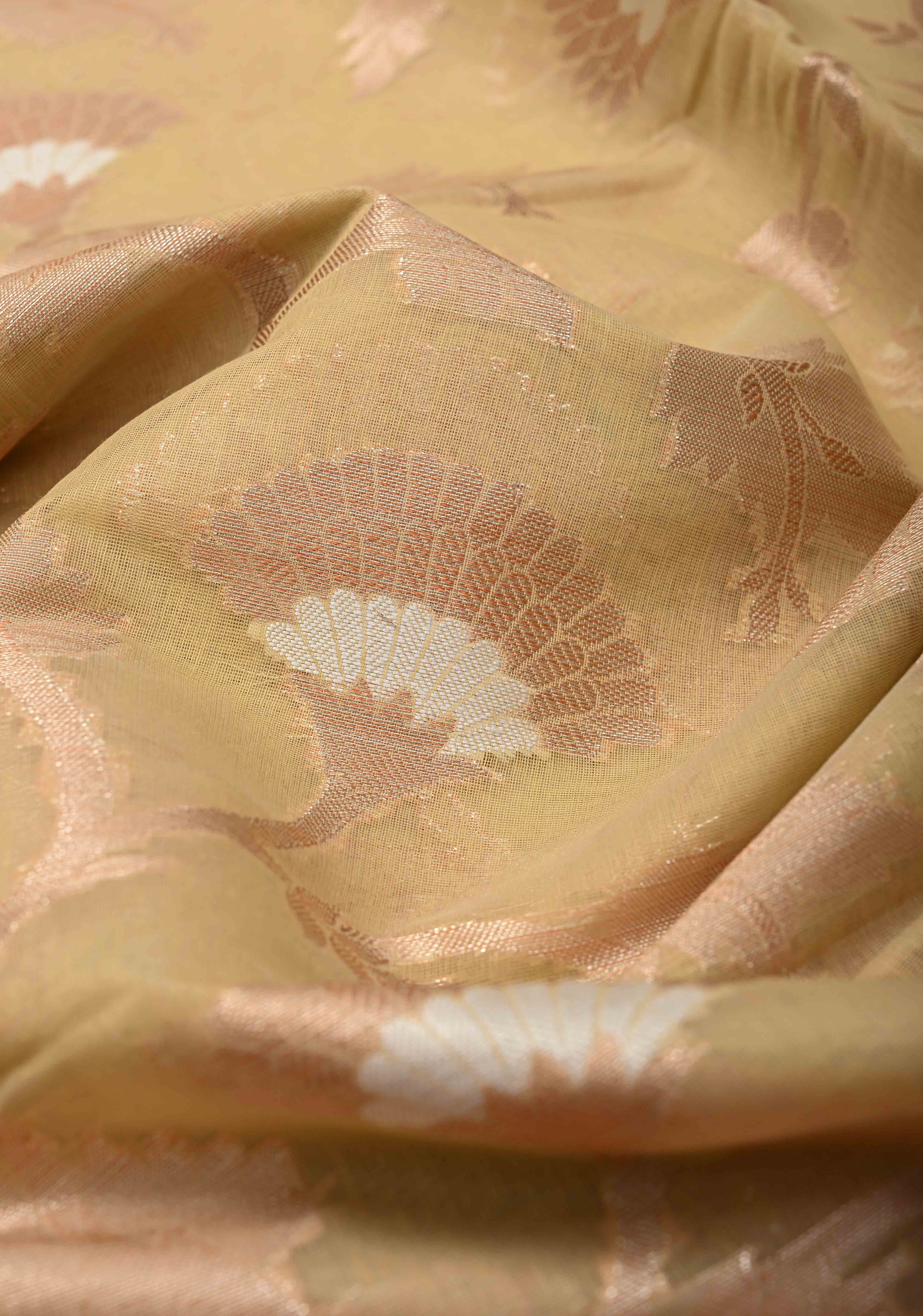 Beige Banarasi Semi Kora Silk Saree with Sona Rupa Jaal and Zari Border | Shobitam