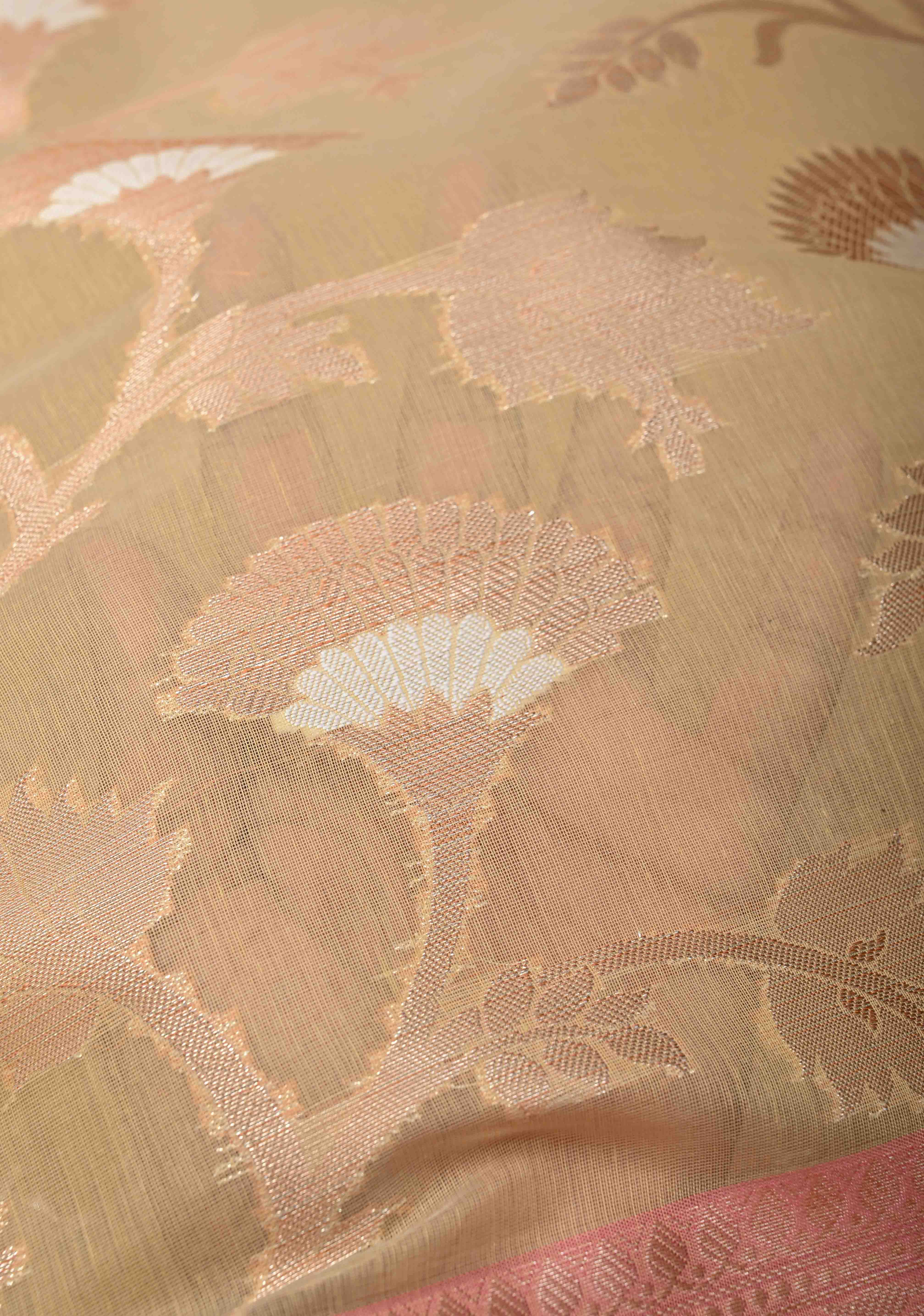 Beige Banarasi Semi Kora Silk Saree with Sona Rupa Jaal and Zari Border | Shobitam