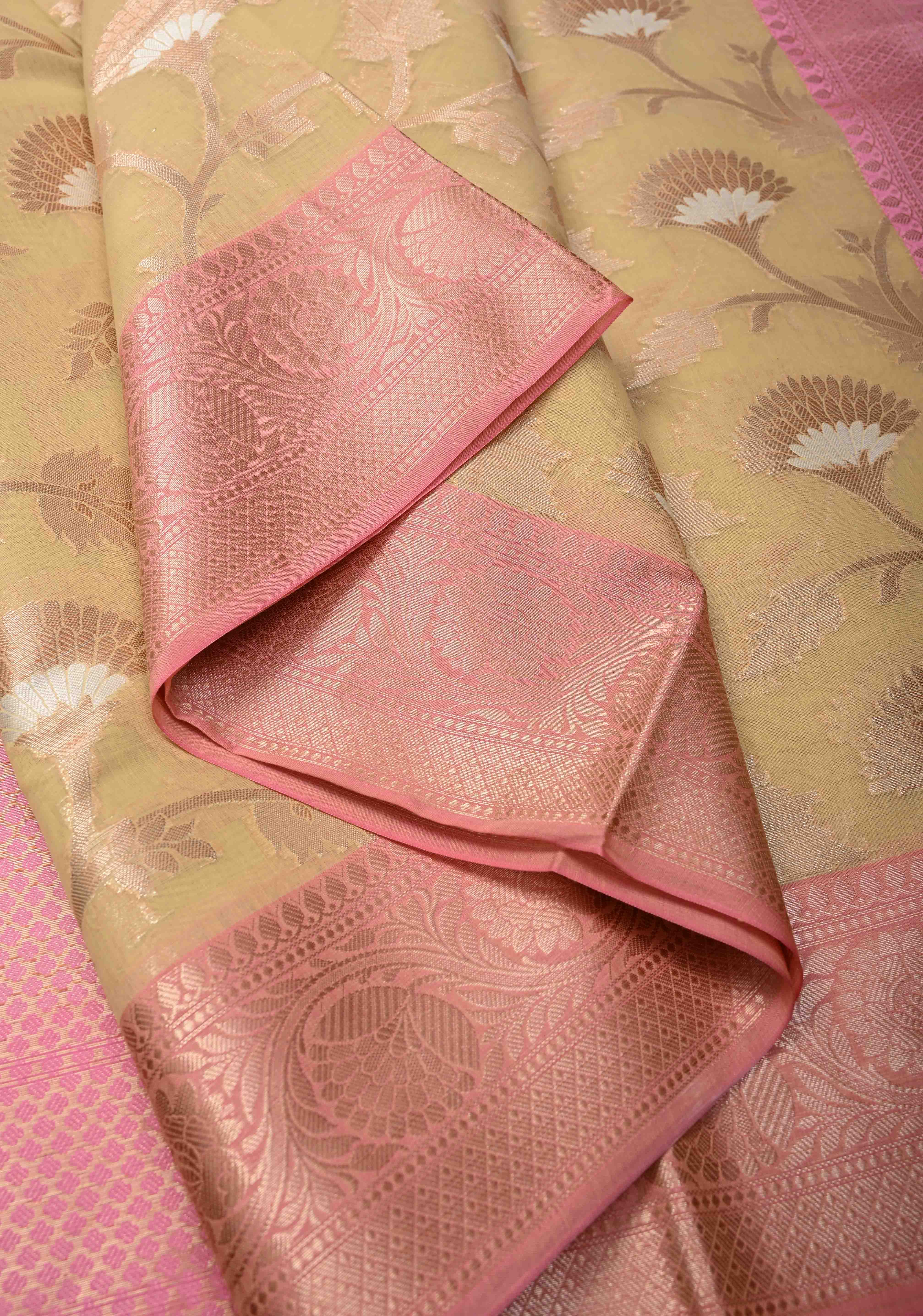 Beige Banarasi Semi Kora Silk Saree with Sona Rupa Jaal and Zari Border | Shobitam