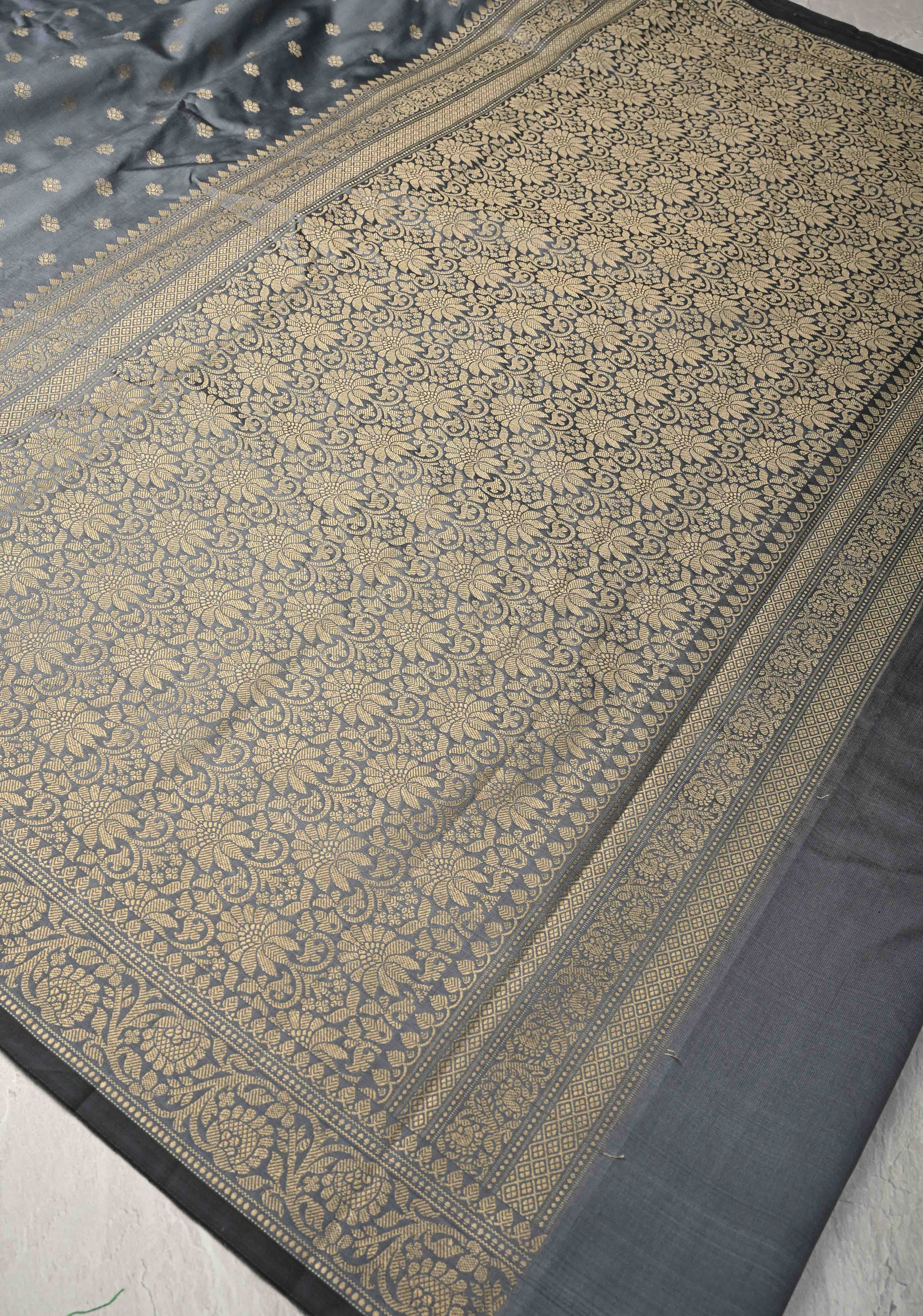 Gray Art silk saree with Resham Buttas and  Minimal Border | SHOBITAM