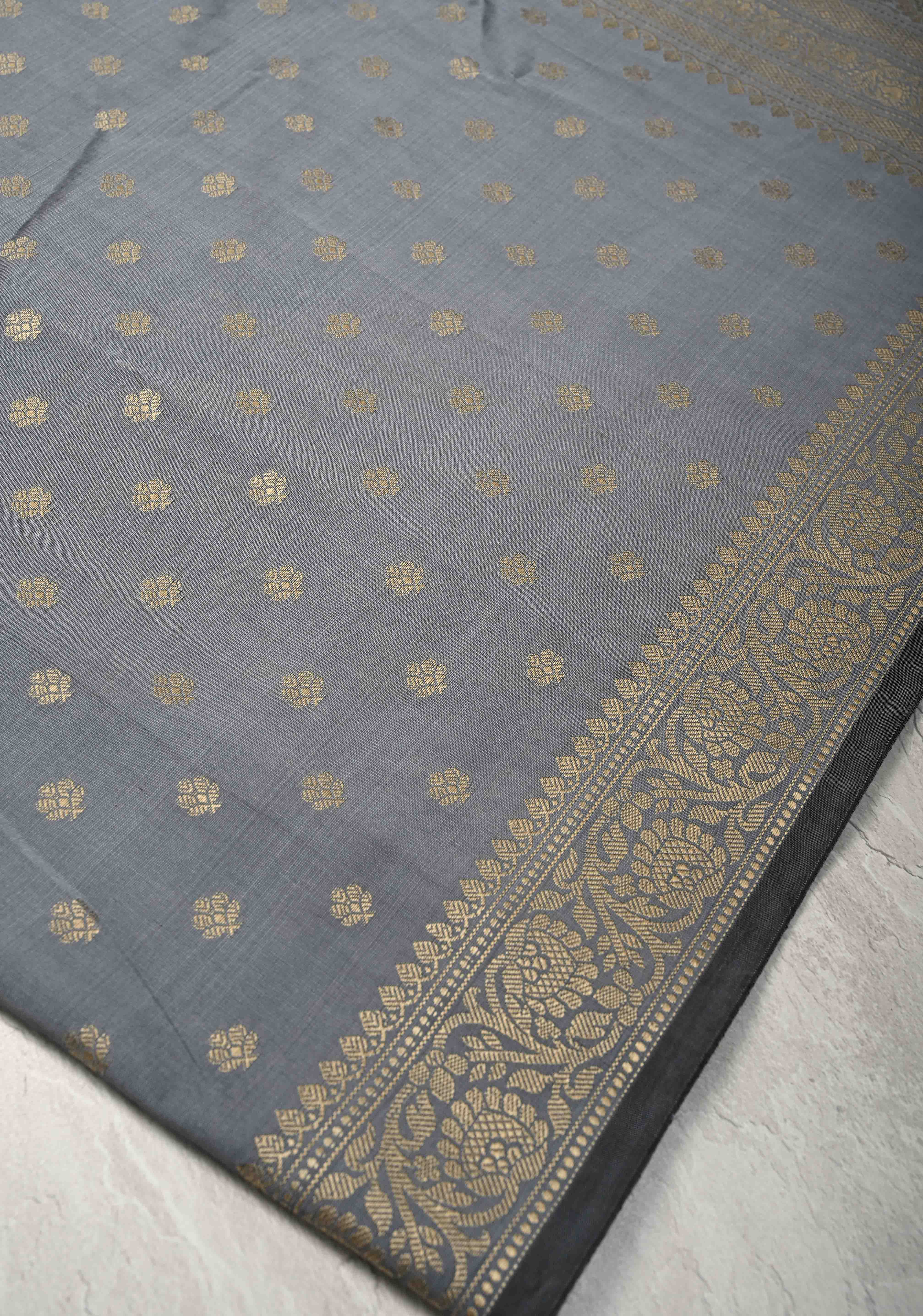 Gray Art silk saree with Resham Buttas and  Minimal Border | SHOBITAM