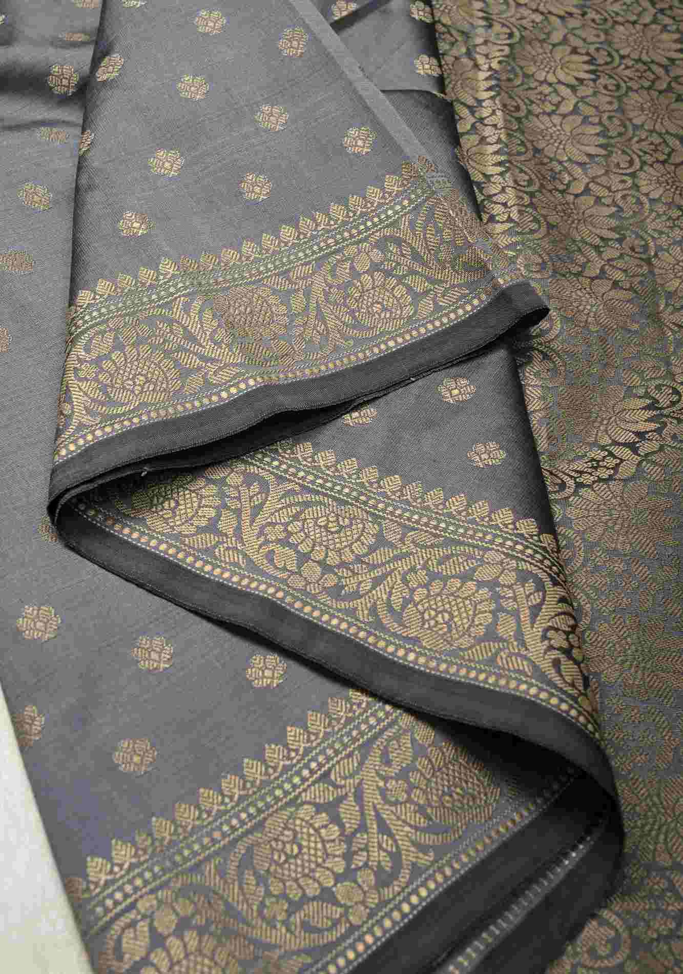 Gray Art silk ready to wear saree with Resham Buttas and Minimal Border Ready To Wear Saree