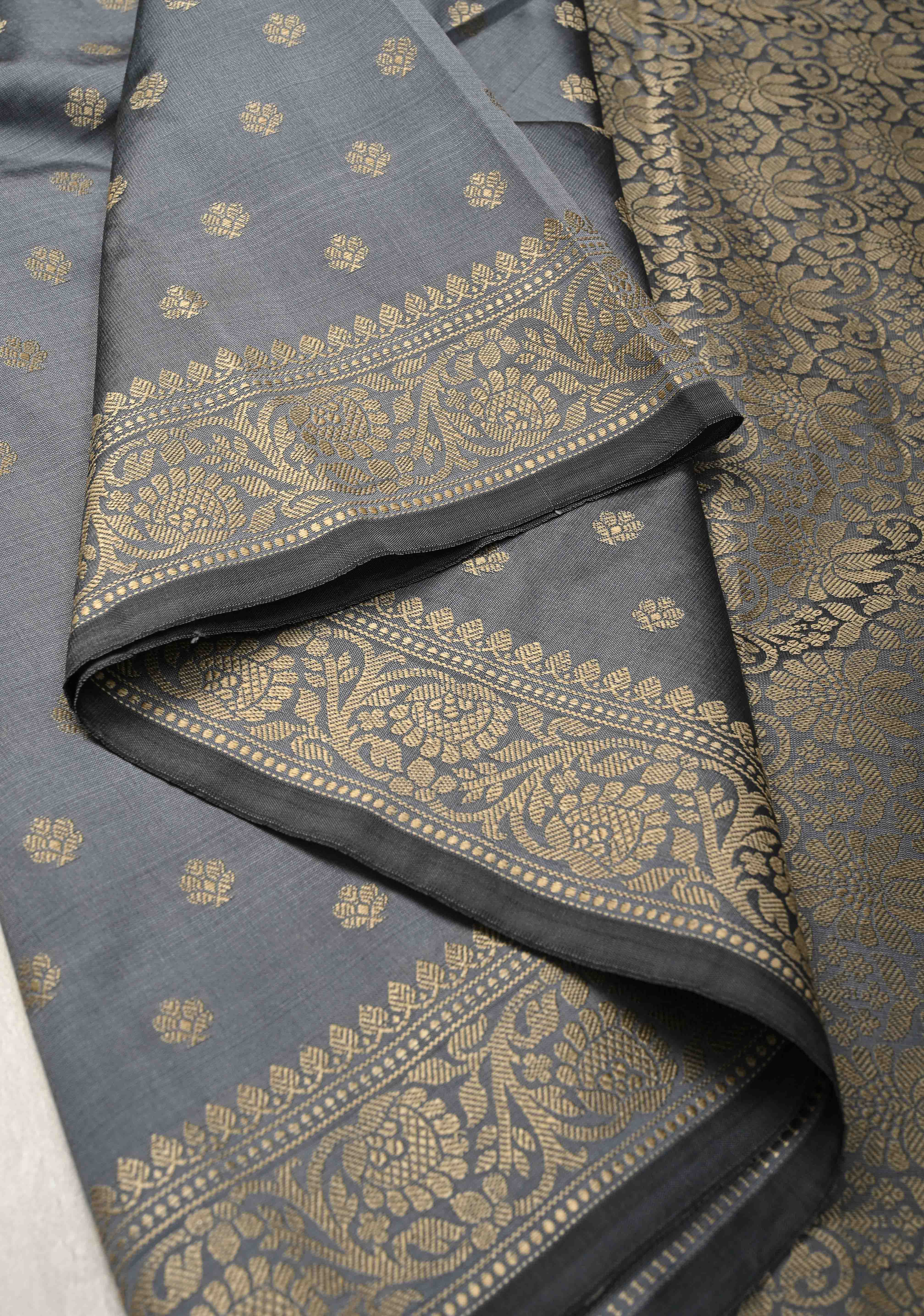 Gray Art silk saree with Resham Buttas and  Minimal Border | SHOBITAM