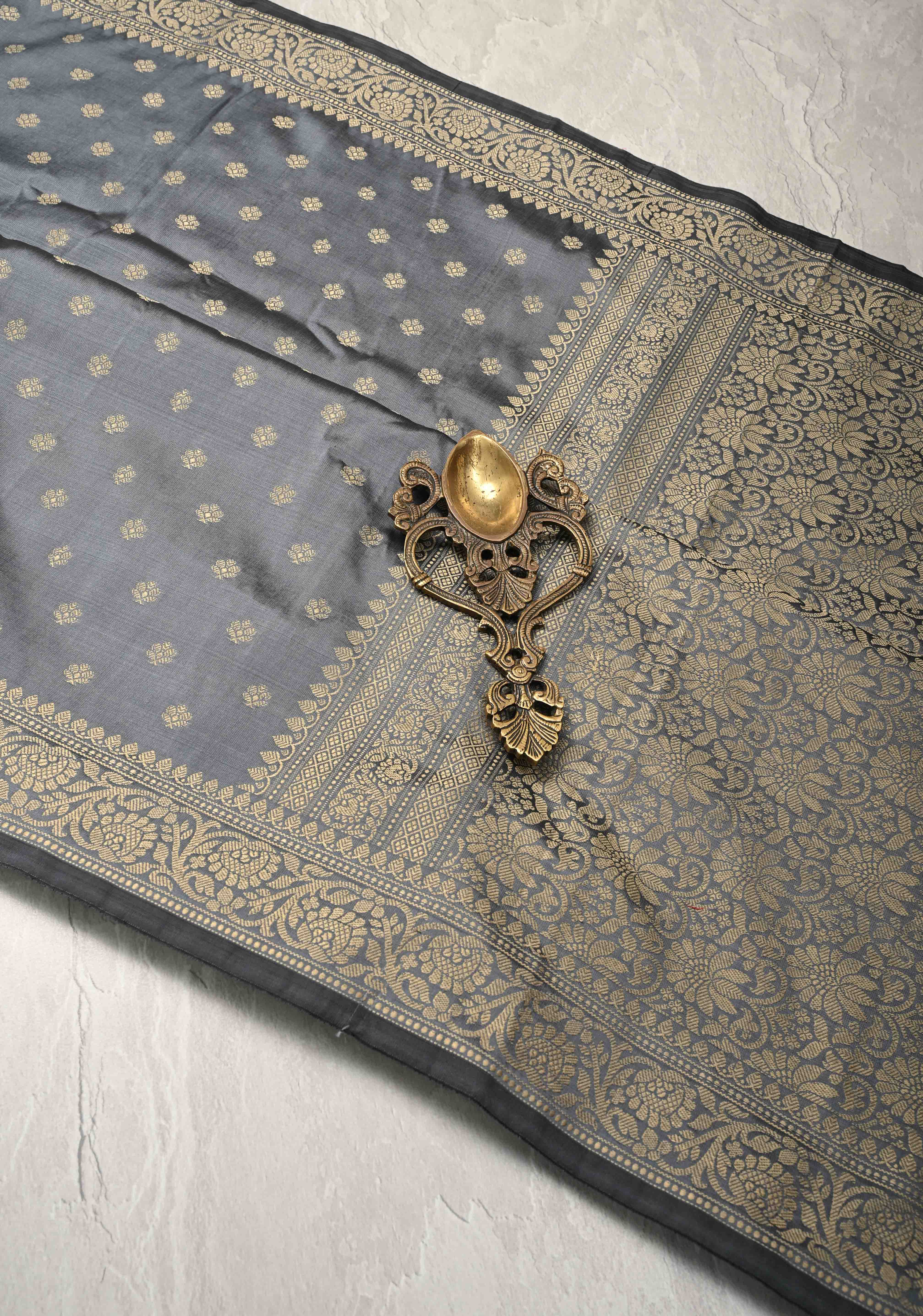 Gray Art silk saree with Resham Buttas and  Minimal Border | SHOBITAM
