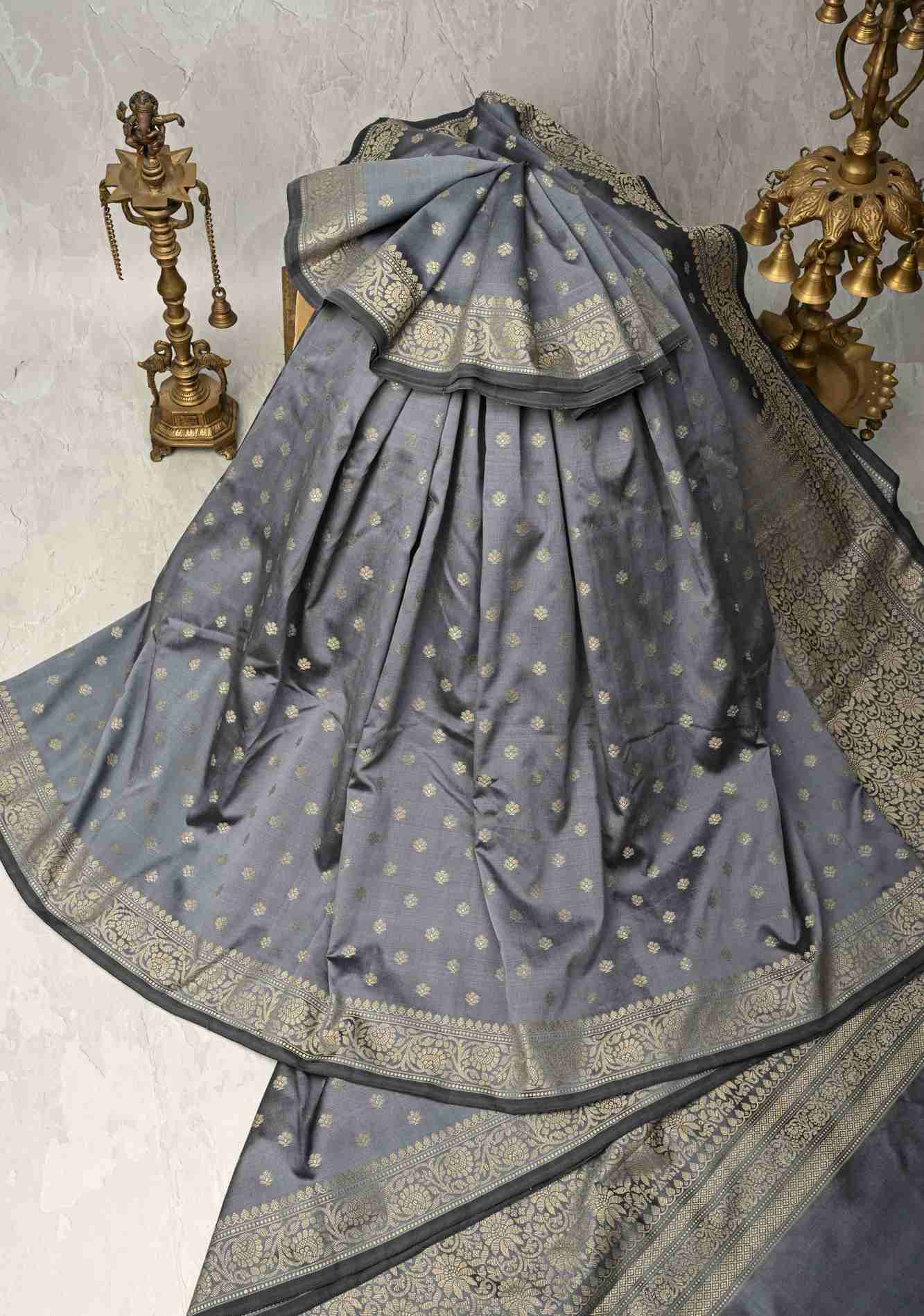 Gray Art silk ready to wear saree with Resham Buttas and Minimal Border Ready To Wear Saree