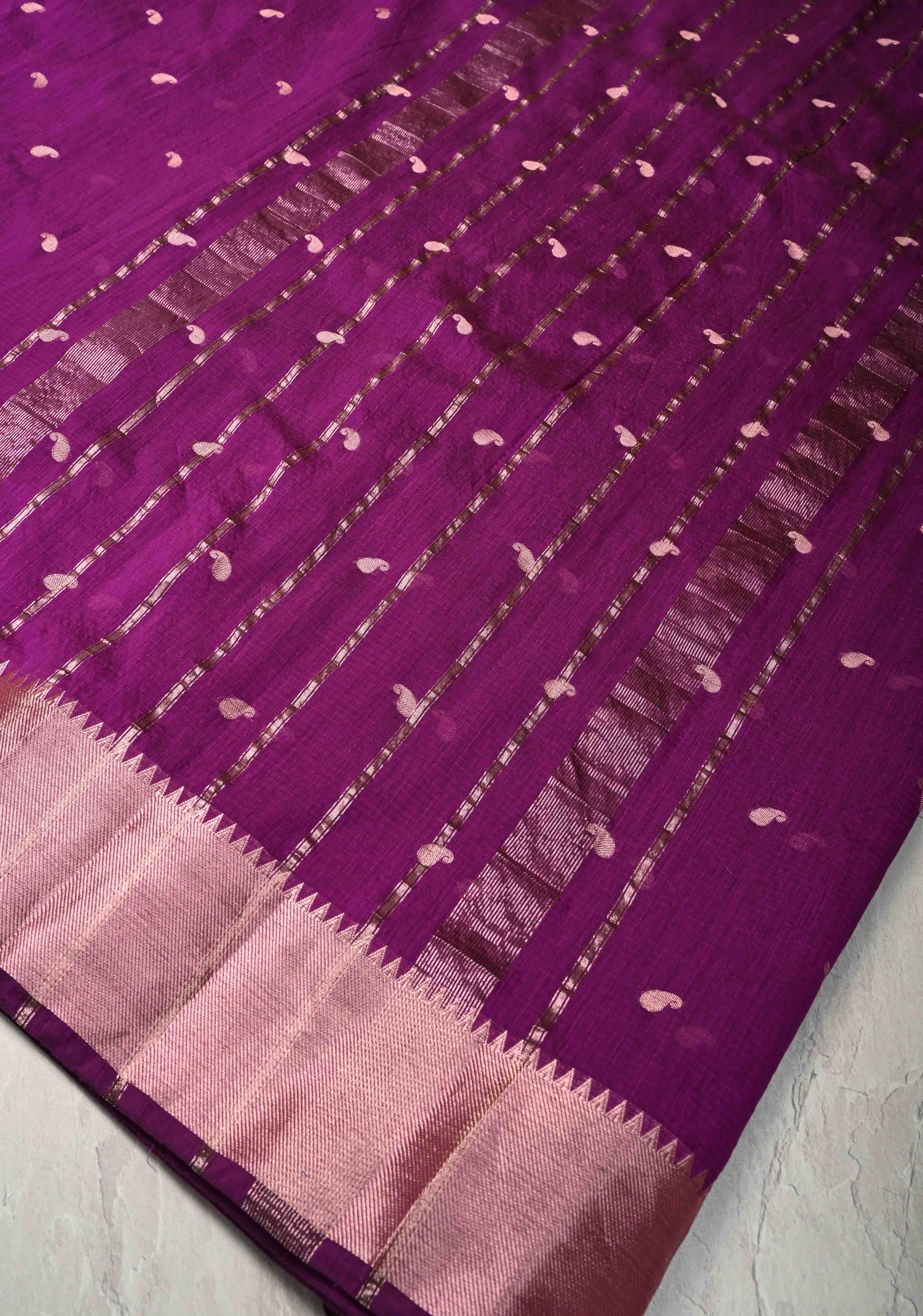 Purple Semi Silk saree with Zari Paisley Buttis and Zari Border | Shobitam