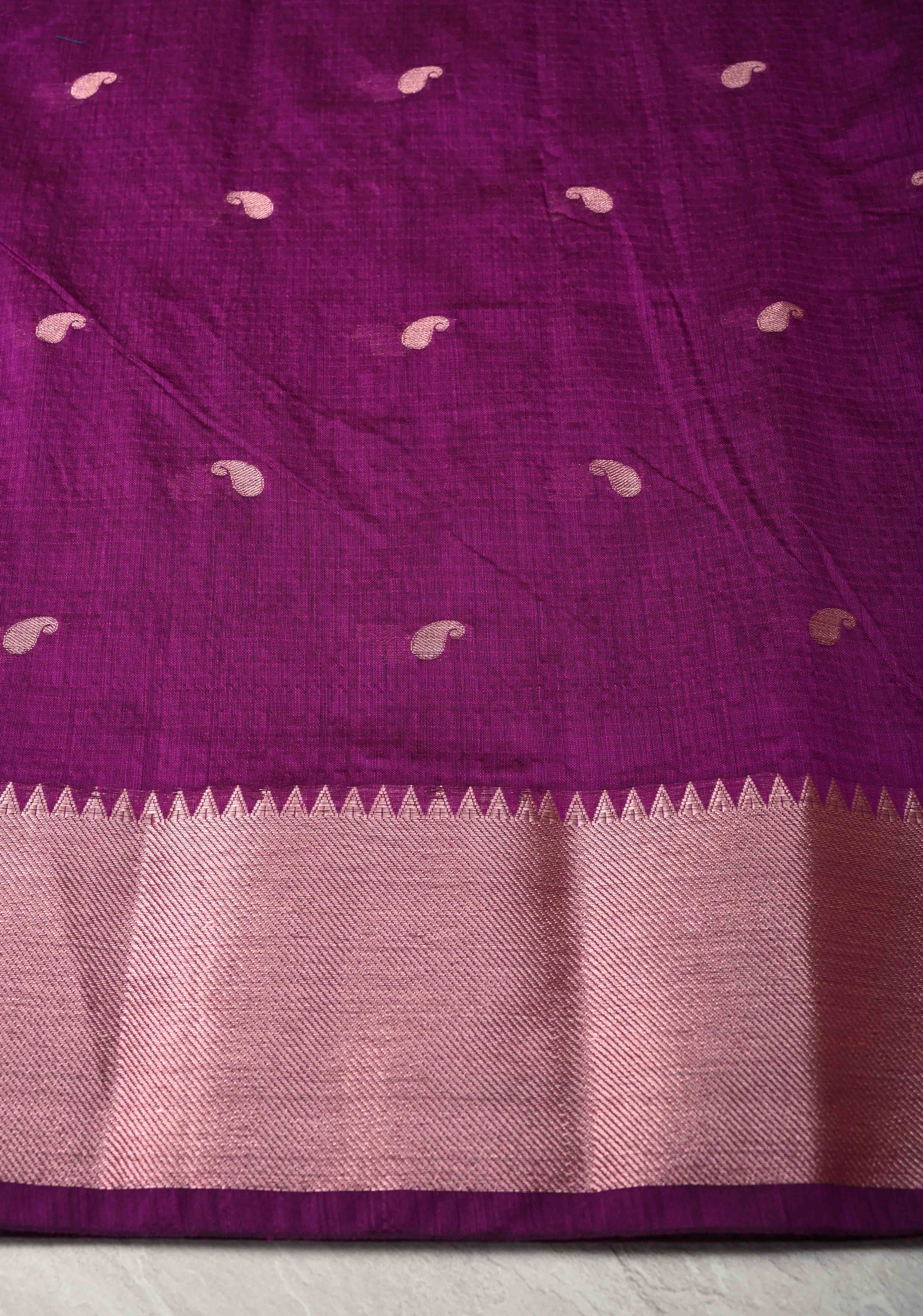 Purple Semi Silk saree with Zari Paisley Buttis and Zari Border | Shobitam