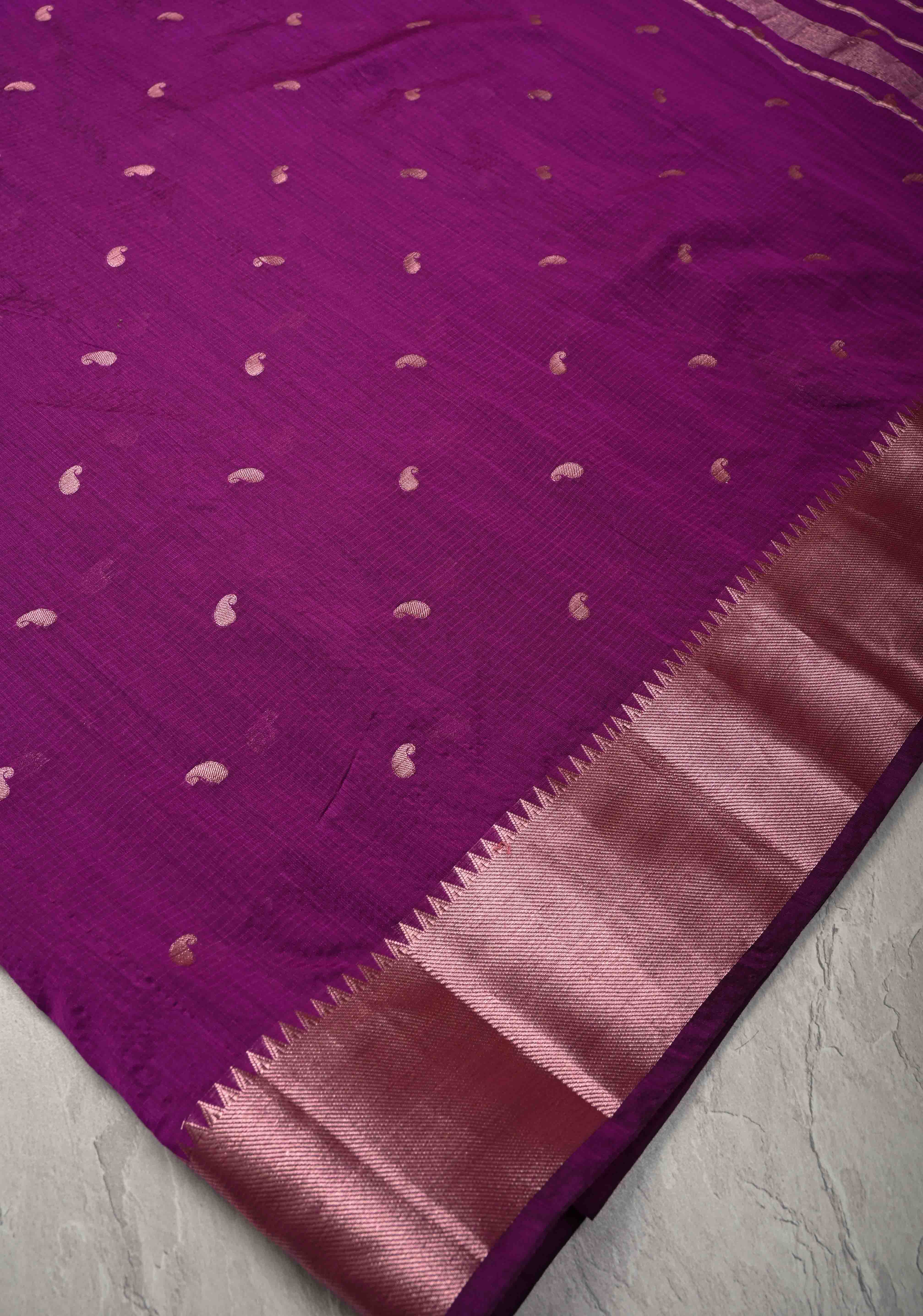 Purple Semi Silk saree with Zari Paisley Buttis and Zari Border | Shobitam