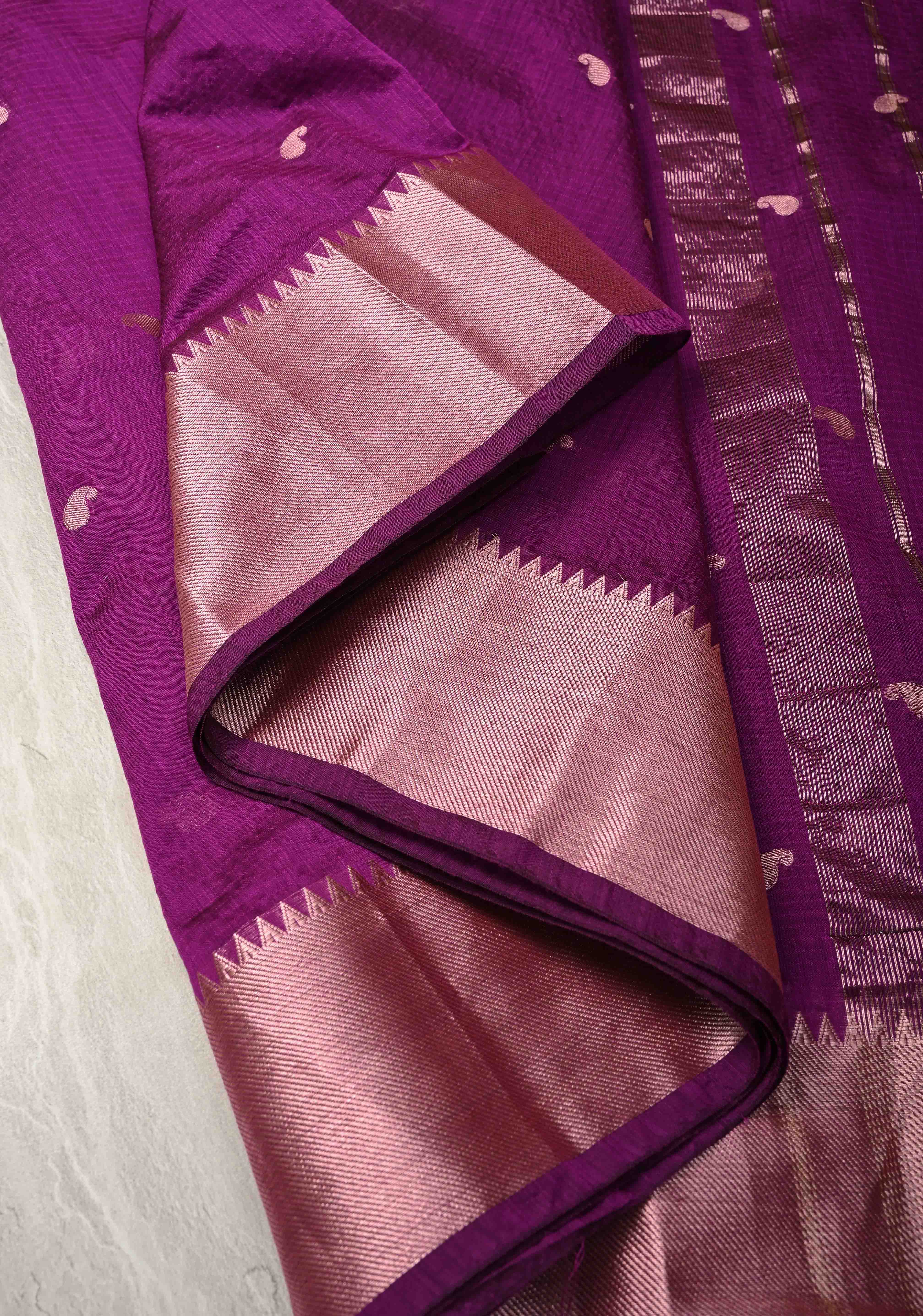Purple Semi Silk saree with Zari Paisley Buttis and Zari Border | Shobitam