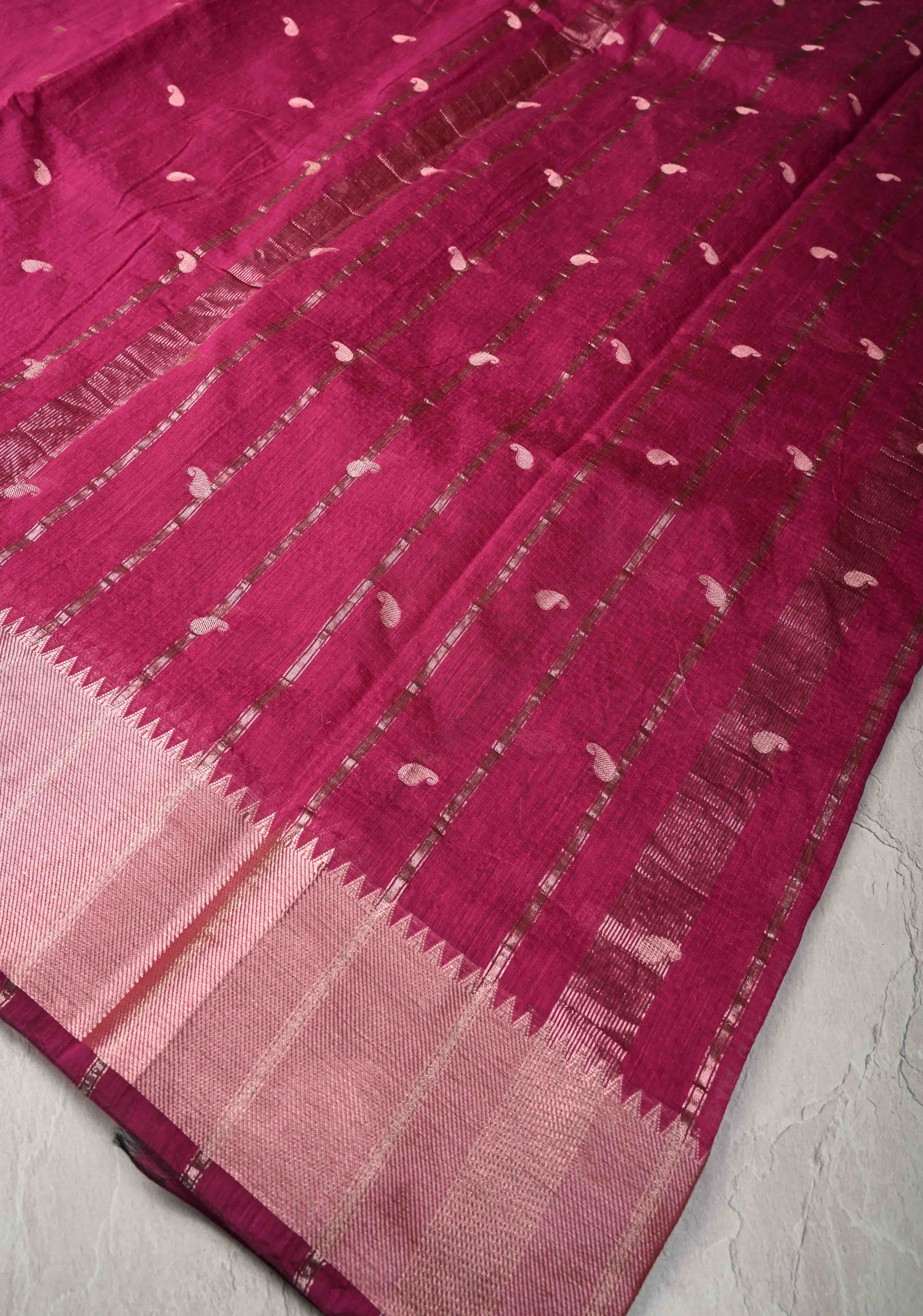 Magenta Semi Silk saree with Zari Paisley Buttis and Zari Border | Shobitam