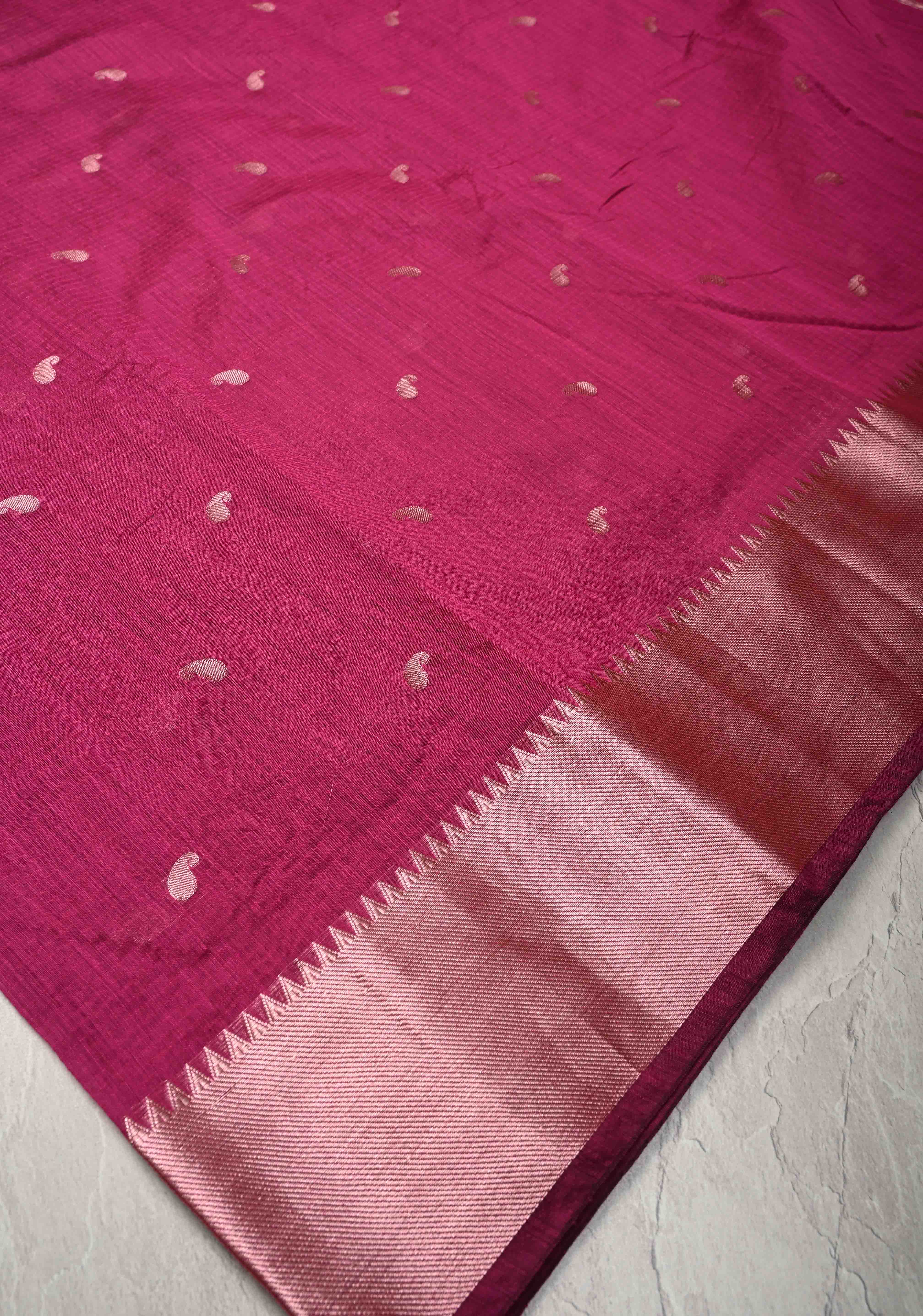 Magenta Semi Silk saree with Zari Paisley Buttis and Zari Border | Shobitam