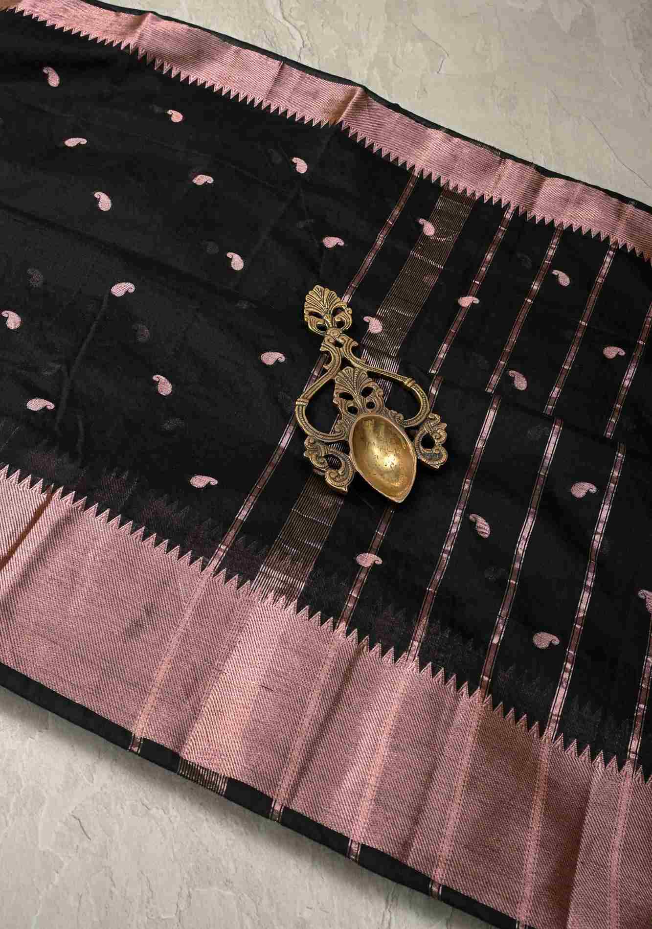 Black Semi Silk saree with Zari Paisley Buttis and Zari Border Ready To Wear Saree