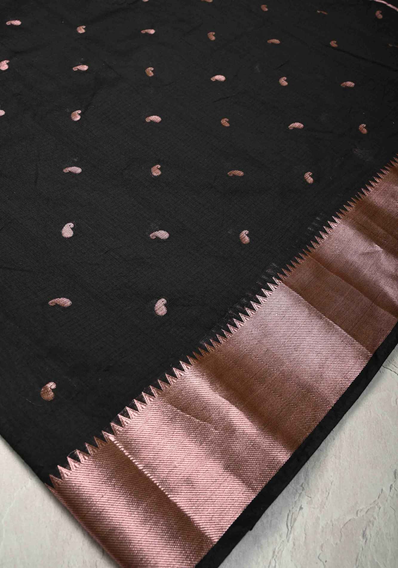 Black Semi Silk saree with Zari Paisley Buttis and Zari Border Ready To Wear Saree