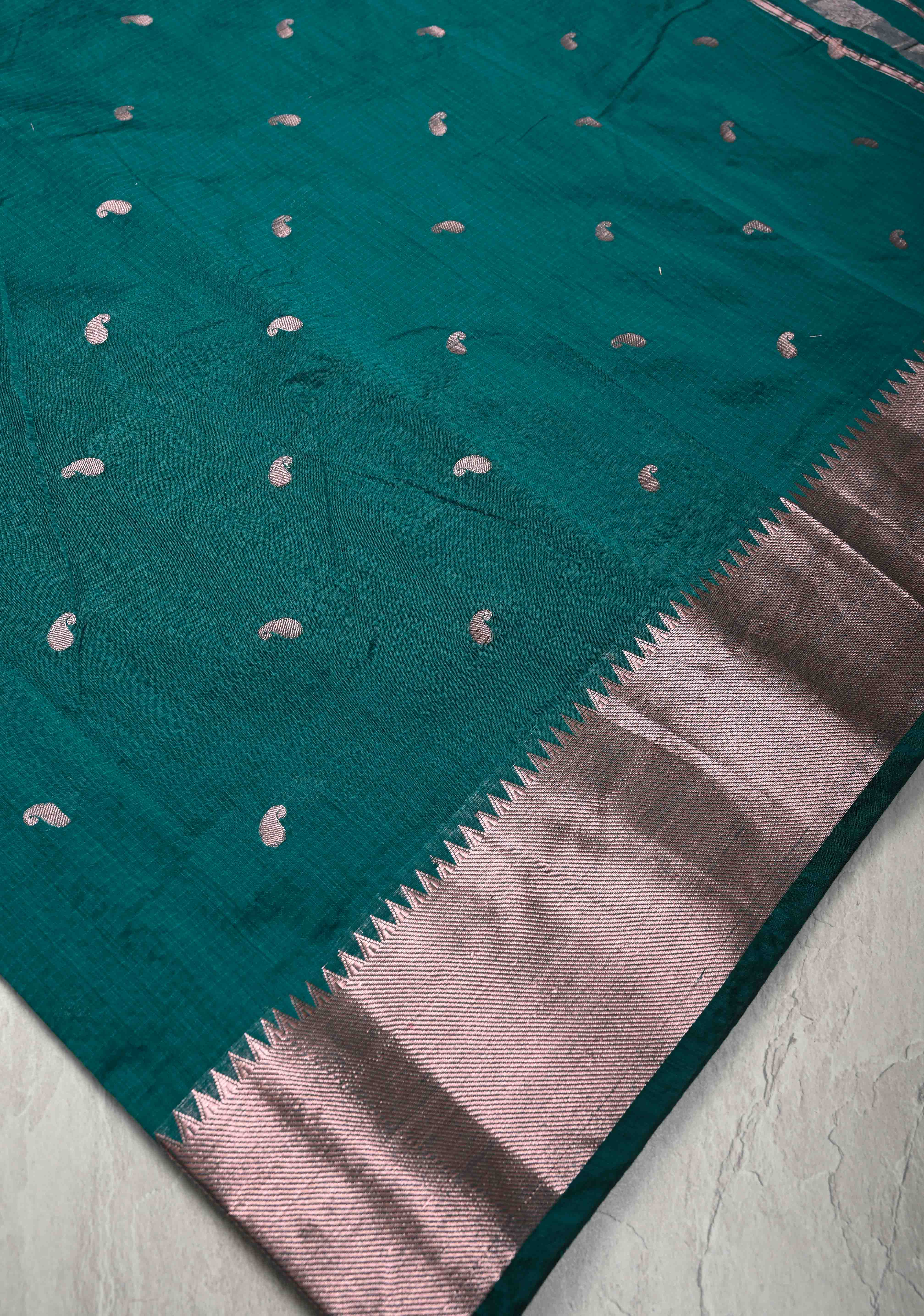Dark Teal Semi Silk Saree with Zari Paisley Buttis and Zari Border | Shobitam