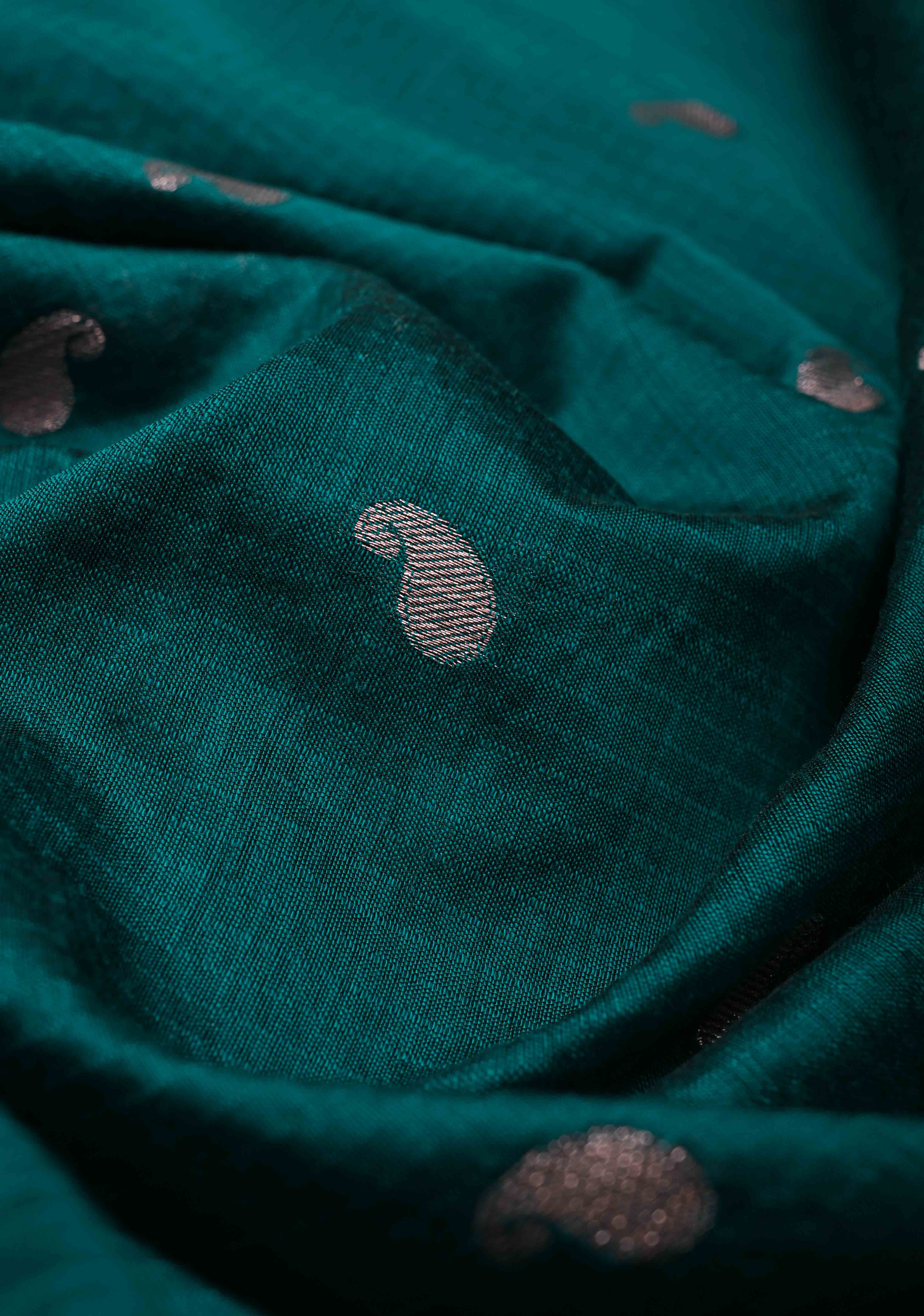 Dark Teal Semi Silk Saree with Zari Paisley Buttis and Zari Border | Shobitam