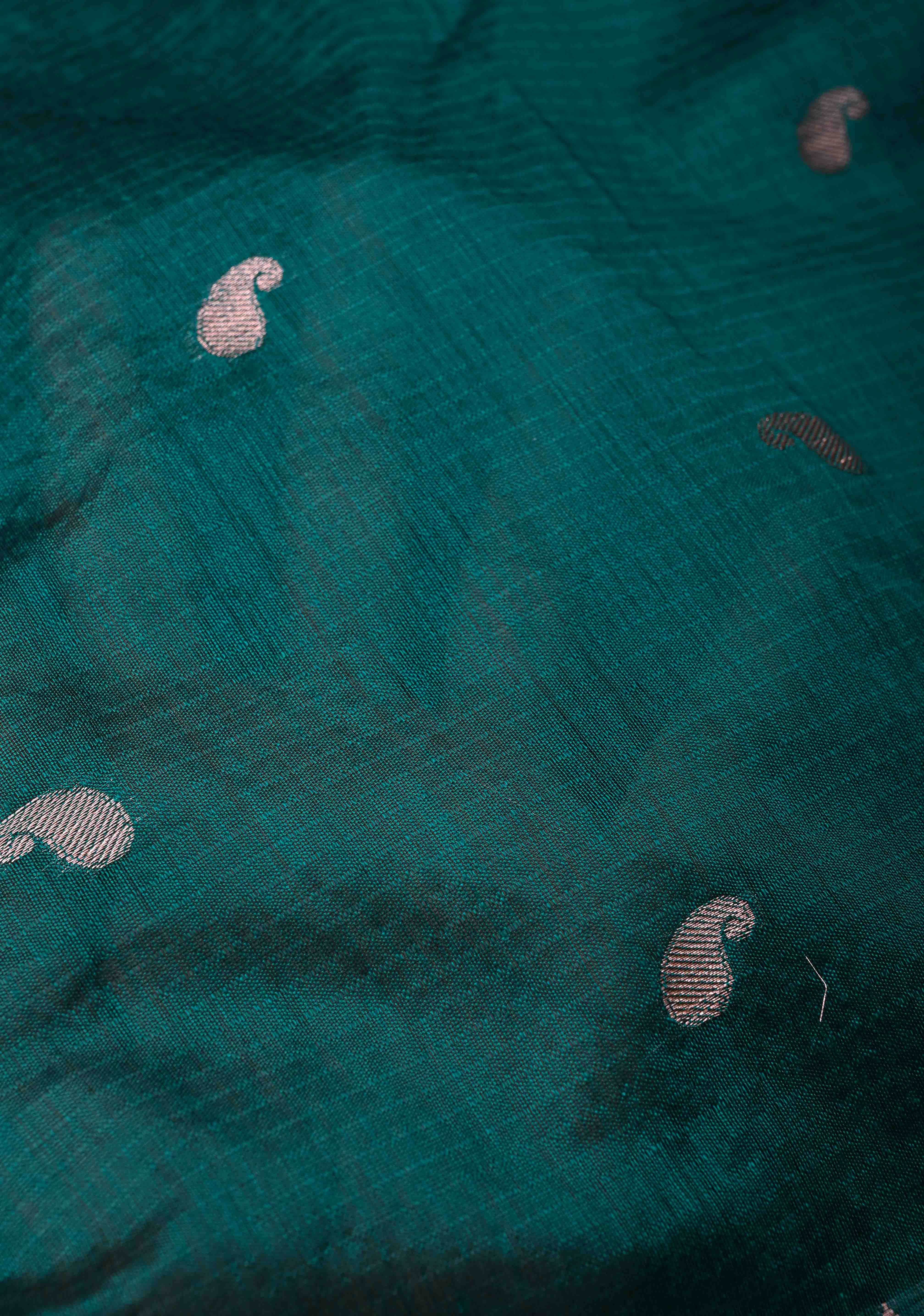 Dark Teal Semi Silk Saree with Zari Paisley Buttis and Zari Border | Shobitam