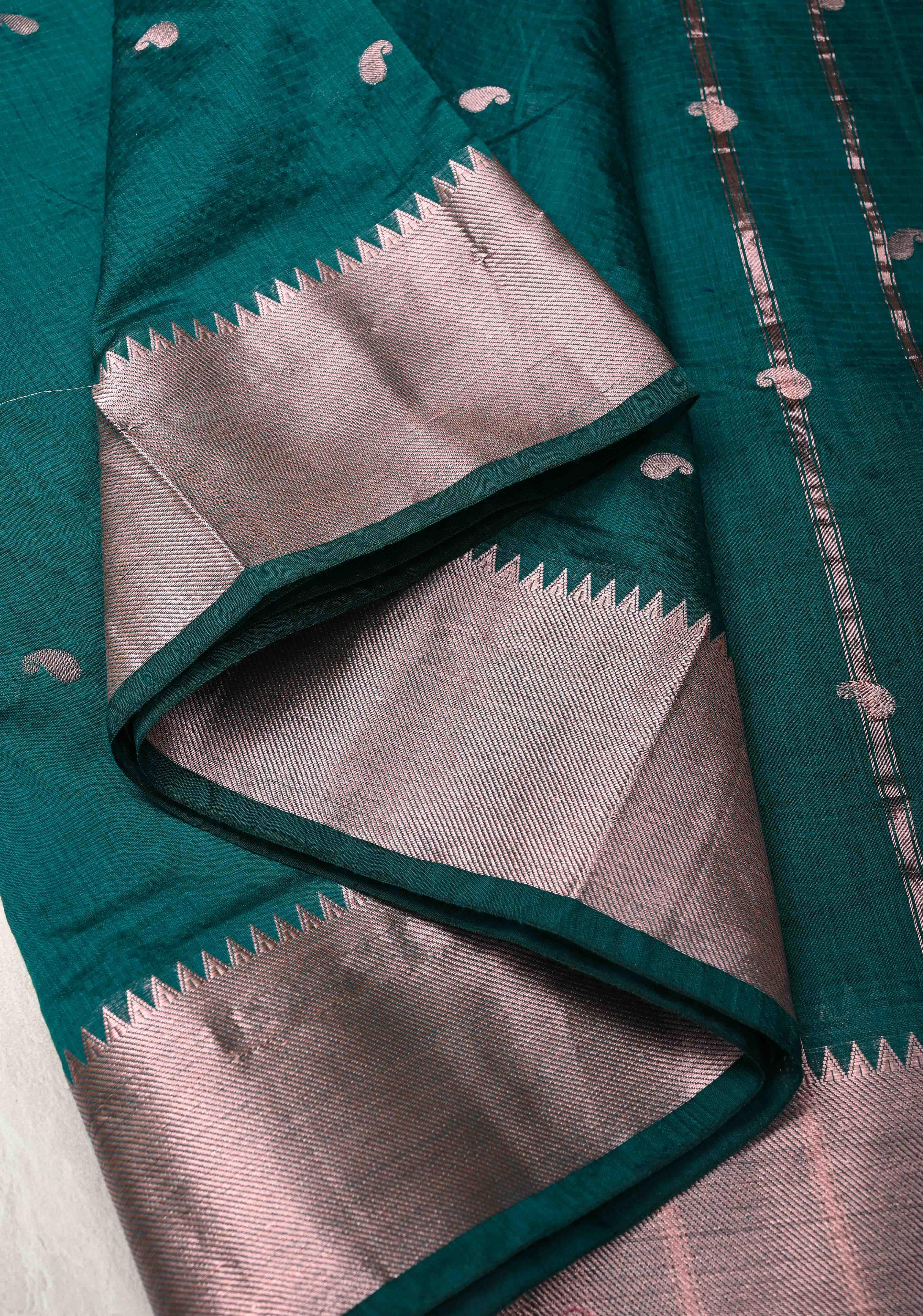 Dark Teal Semi Silk Saree with Zari Paisley Buttis and Zari Border | Shobitam