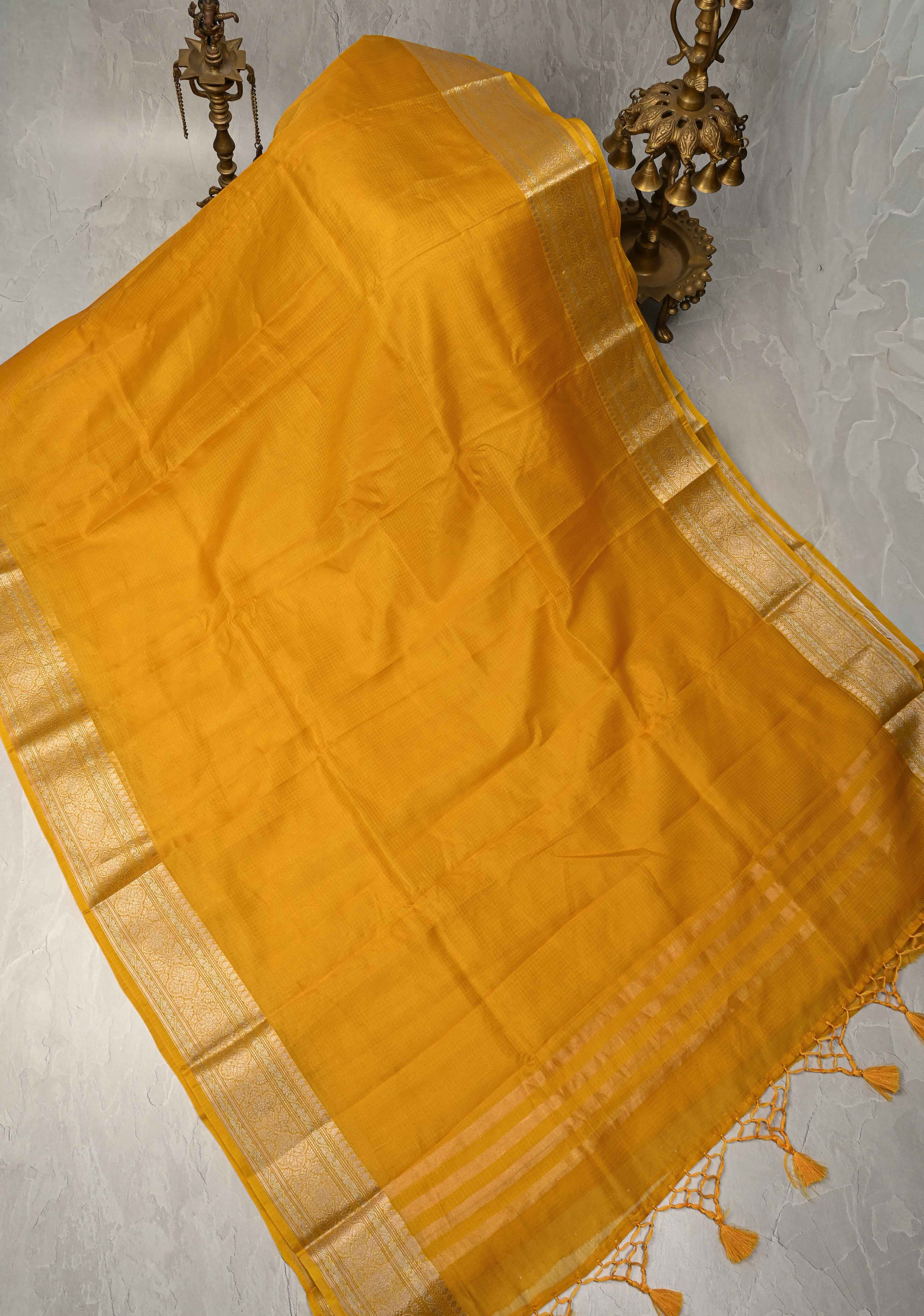Yellow Kota Doria Tissue Cotton Saree with Sona Rupa Zari Border | Shobitam