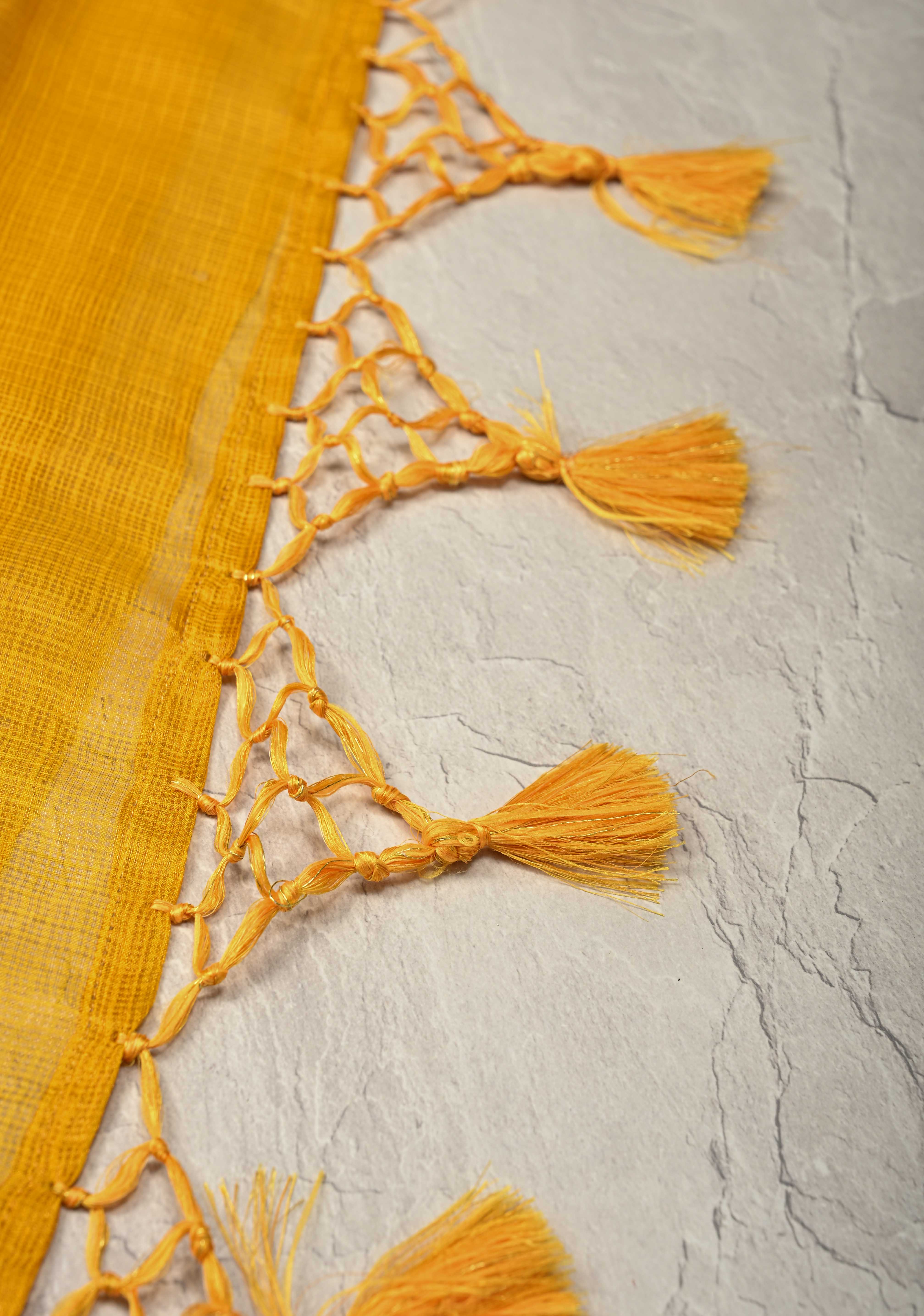 Yellow Kota Doria Tissue Cotton Saree with Sona Rupa Zari Border | Shobitam