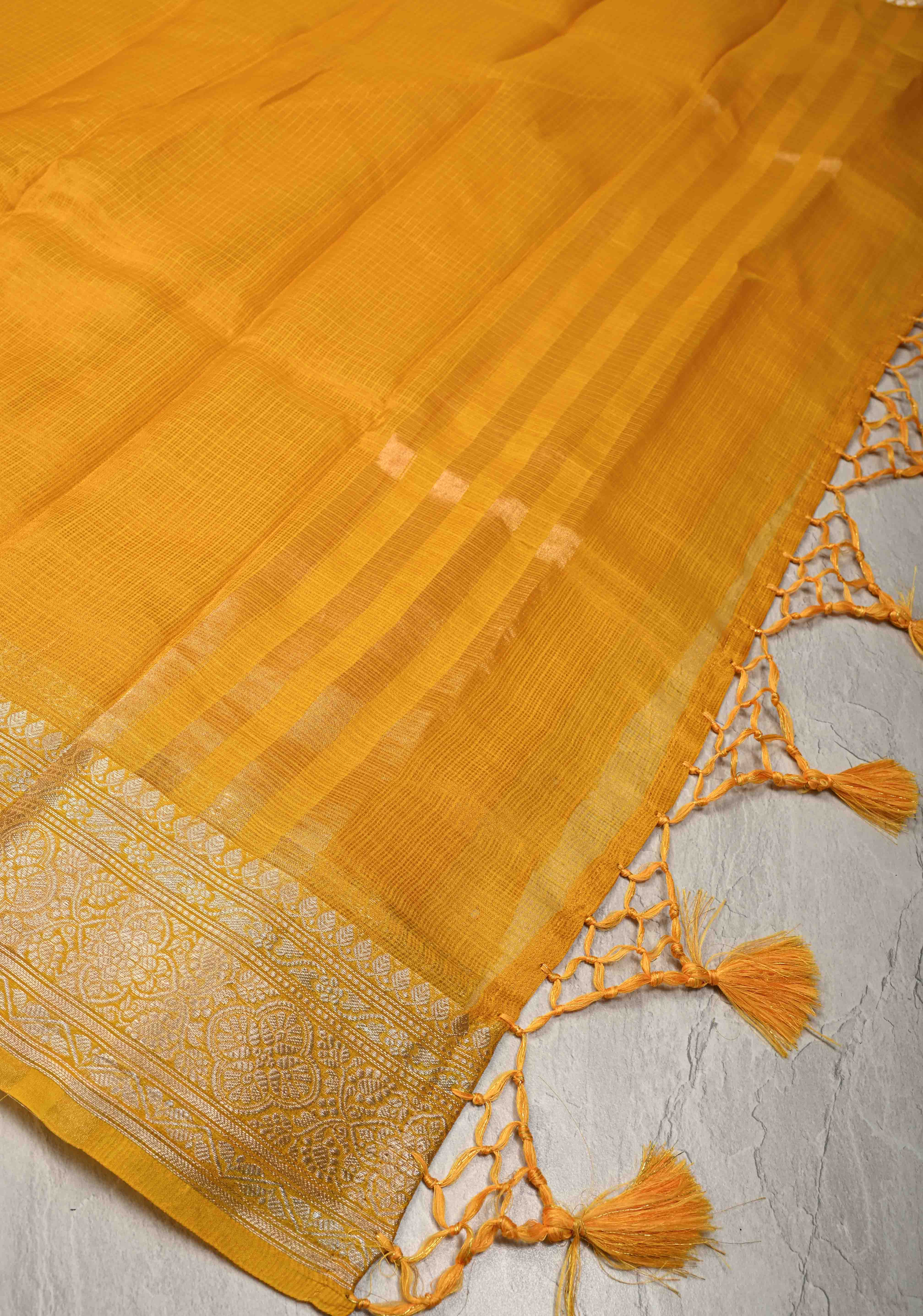 Yellow Kota Doria Tissue Cotton Saree with Sona Rupa Zari Border | Shobitam