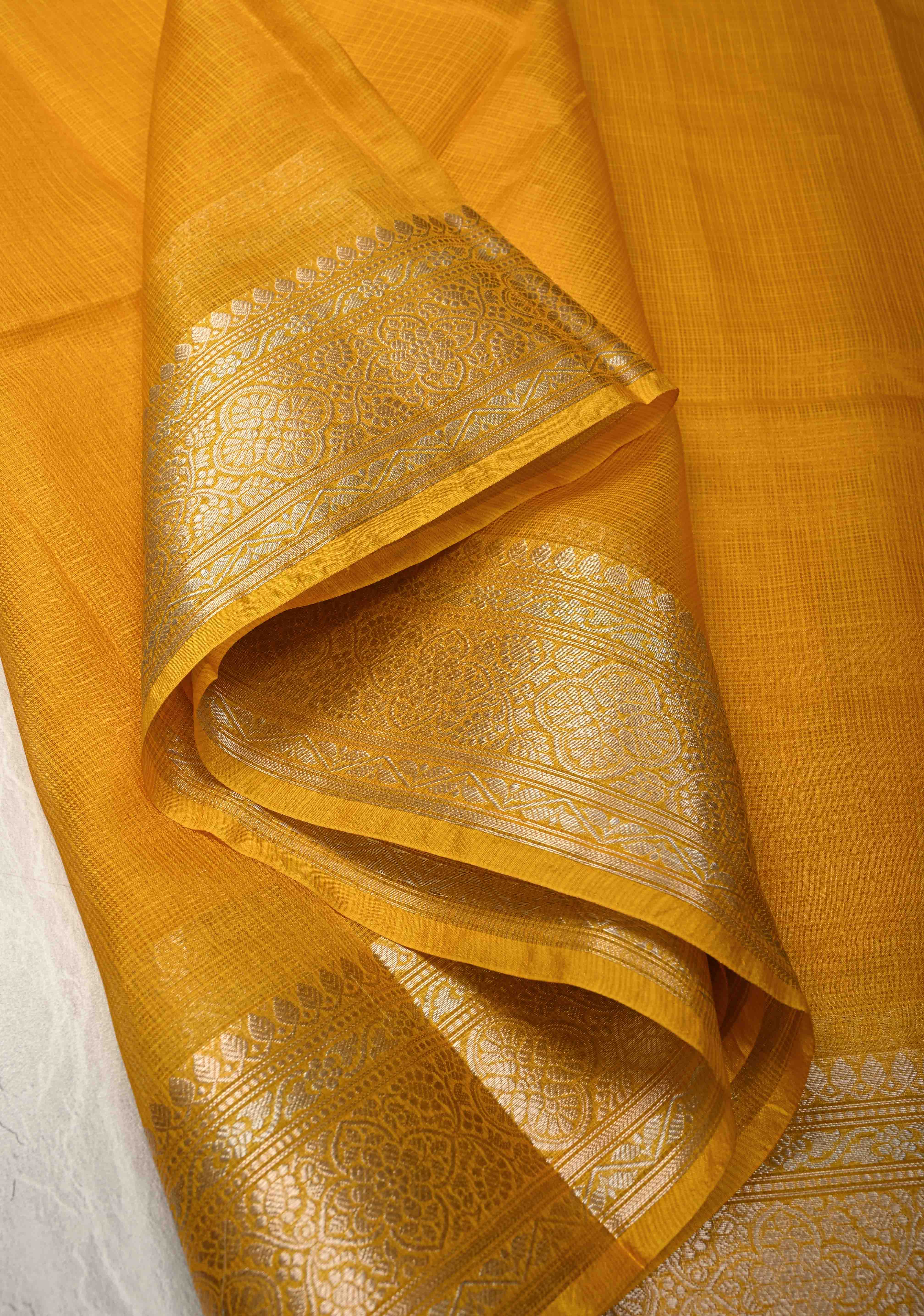 Yellow Kota Doria Tissue Cotton Saree with Sona Rupa Zari Border | Shobitam