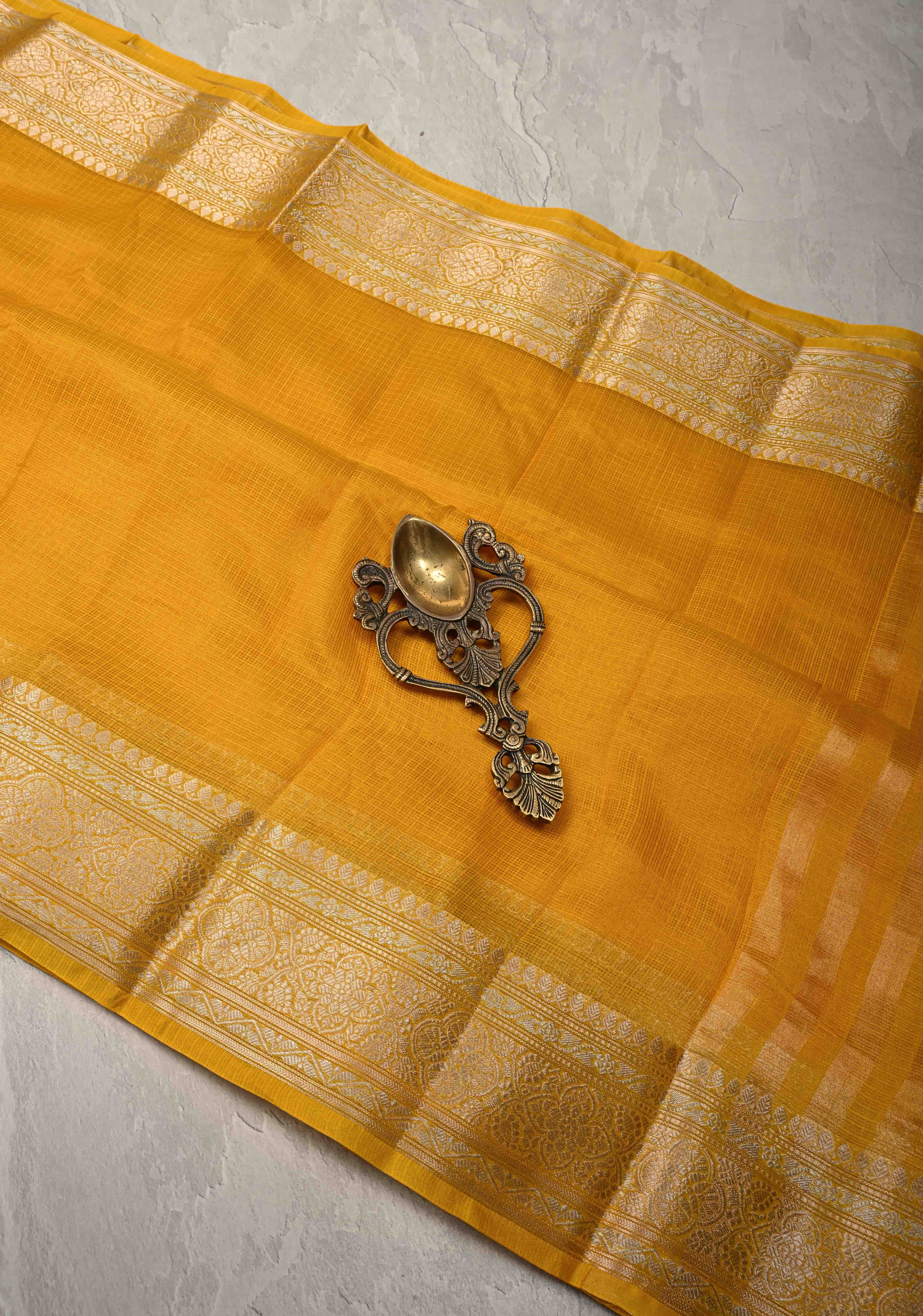 Yellow Kota Doria Tissue Cotton Saree with Sona Rupa Zari Border | Shobitam