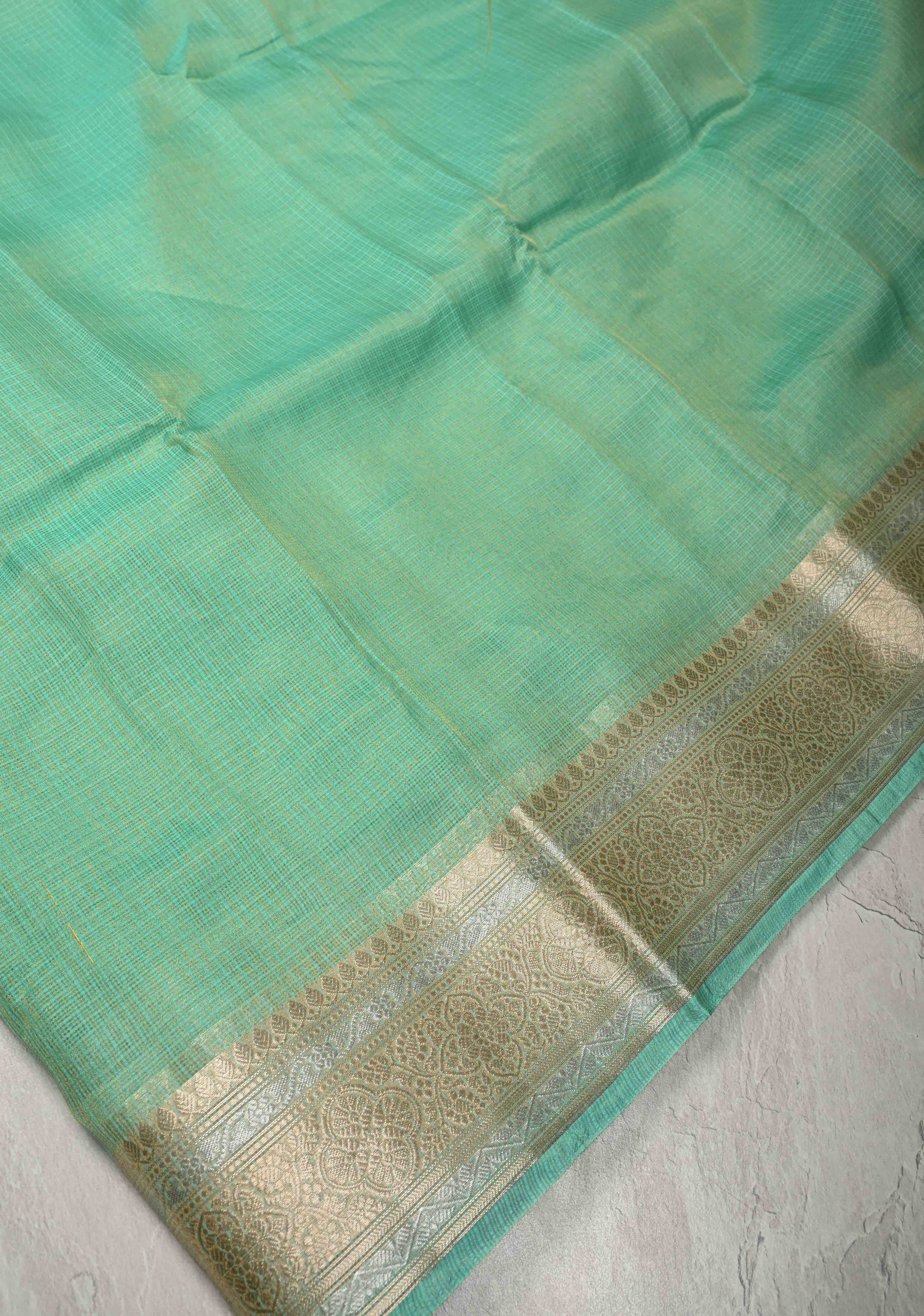 Sea Green Kota Doria Tissue Cotton Saree with Sona Rupa Zari Border | Shobitam