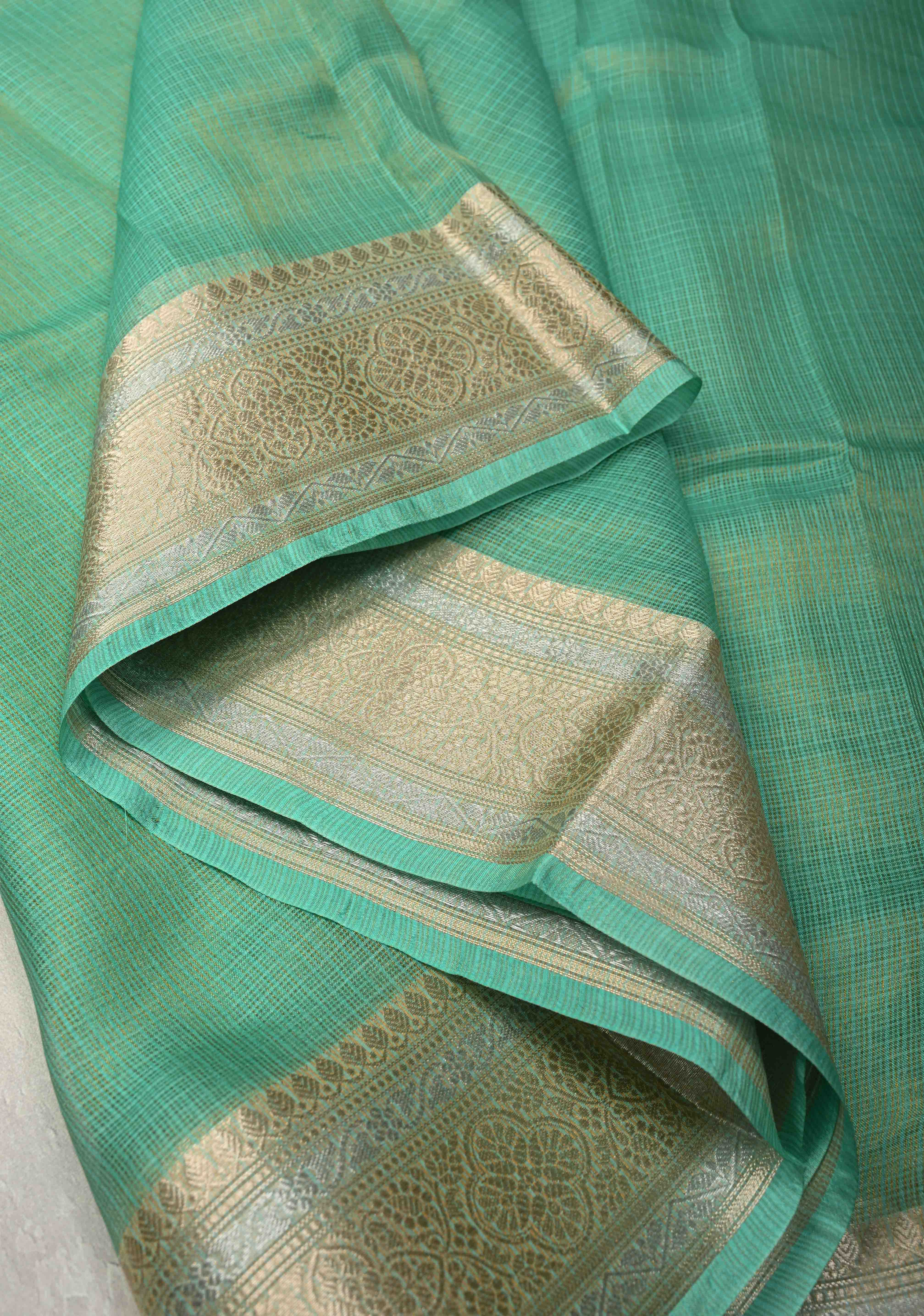 Sea Green Kota Doria Tissue Cotton Saree with Sona Rupa Zari Border | Shobitam