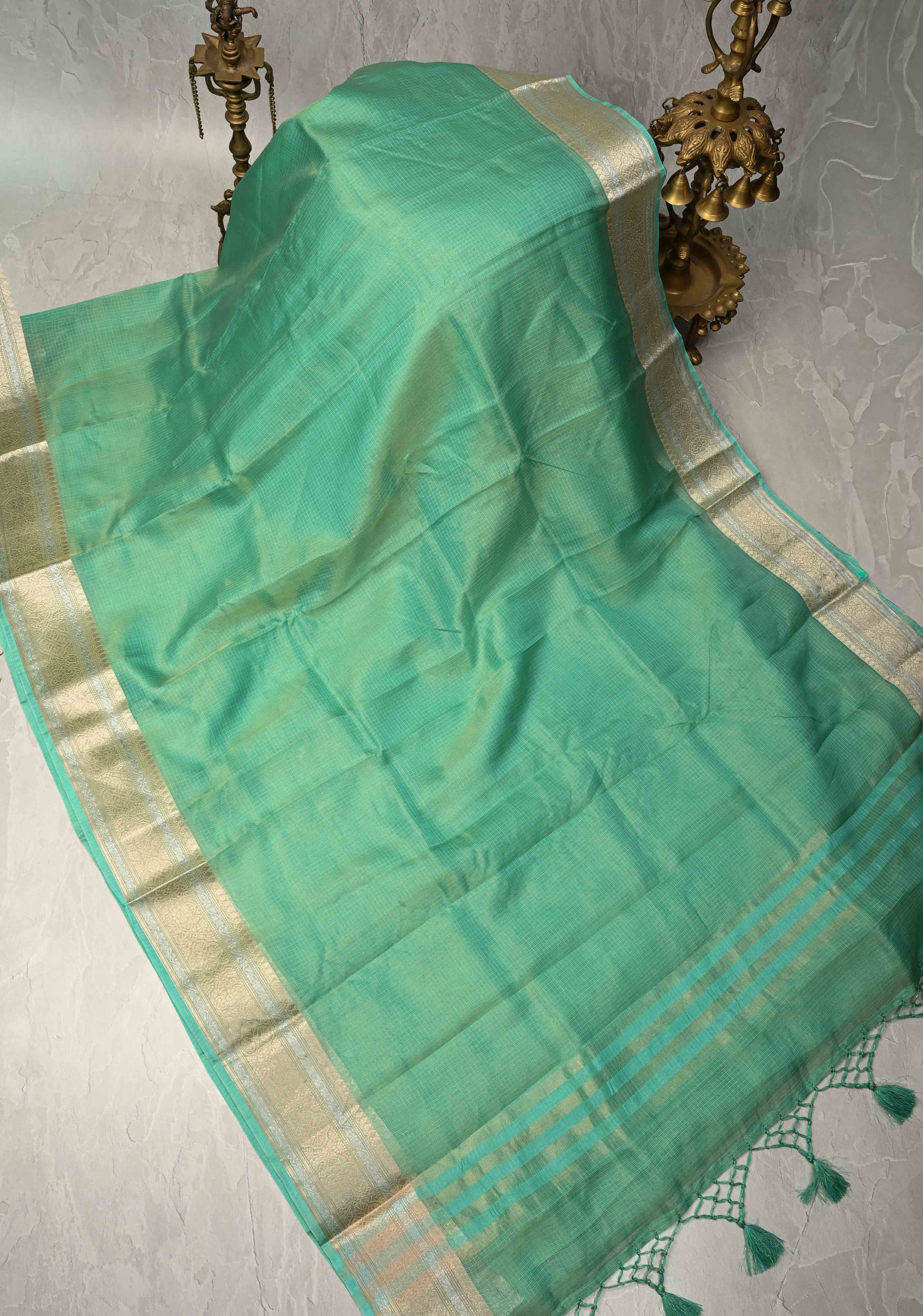 Sea Green Kota Doria Tissue Cotton Saree with Sona Rupa Zari Border | Shobitam