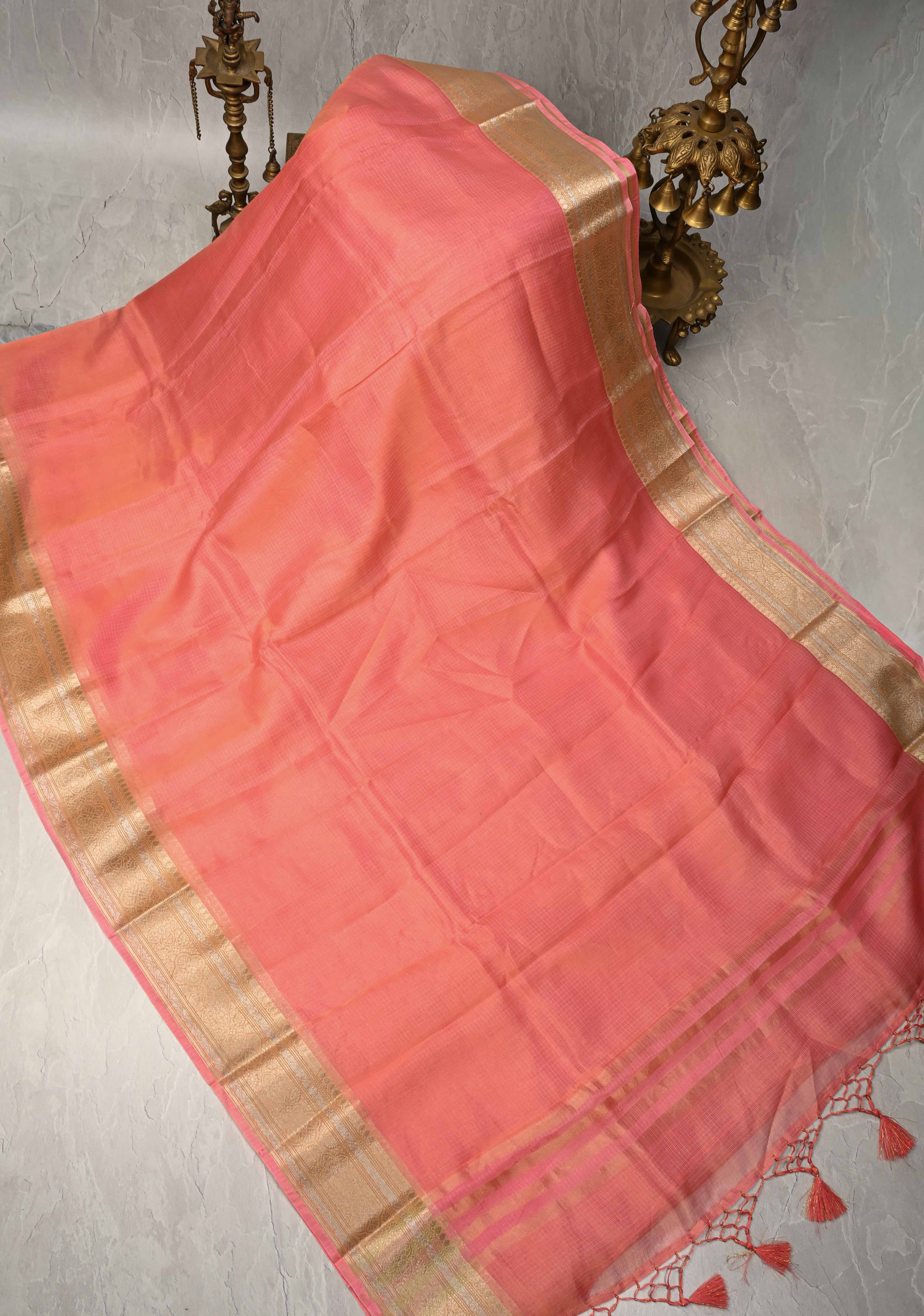 Salmon Pink Kota Doria Tissue Cotton Saree with Sona Rupa Zari Border | Shobitam