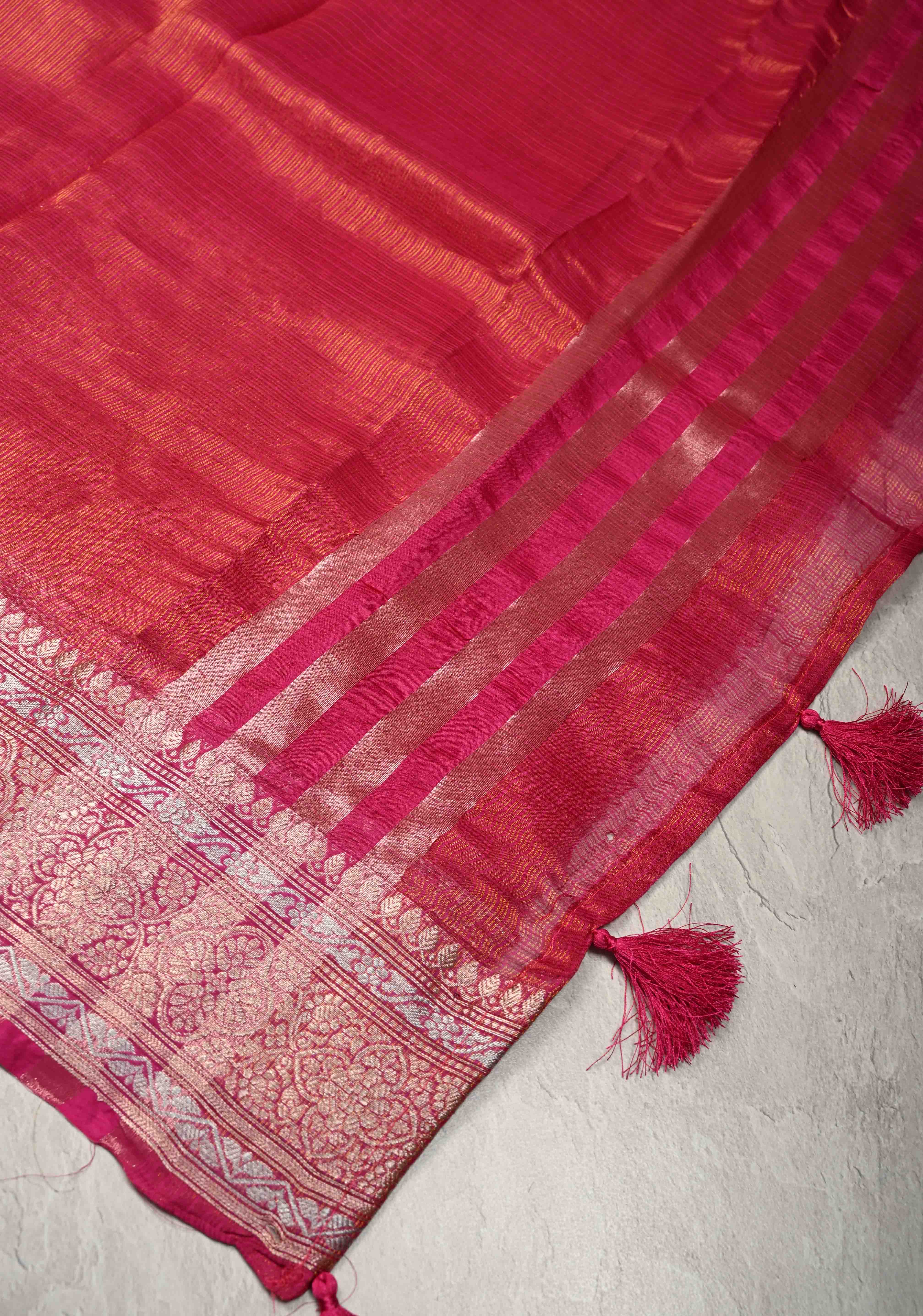 Bright Pink Kota Doria Tissue Cotton Saree with Sona Rupa Zari Border | Shobitam