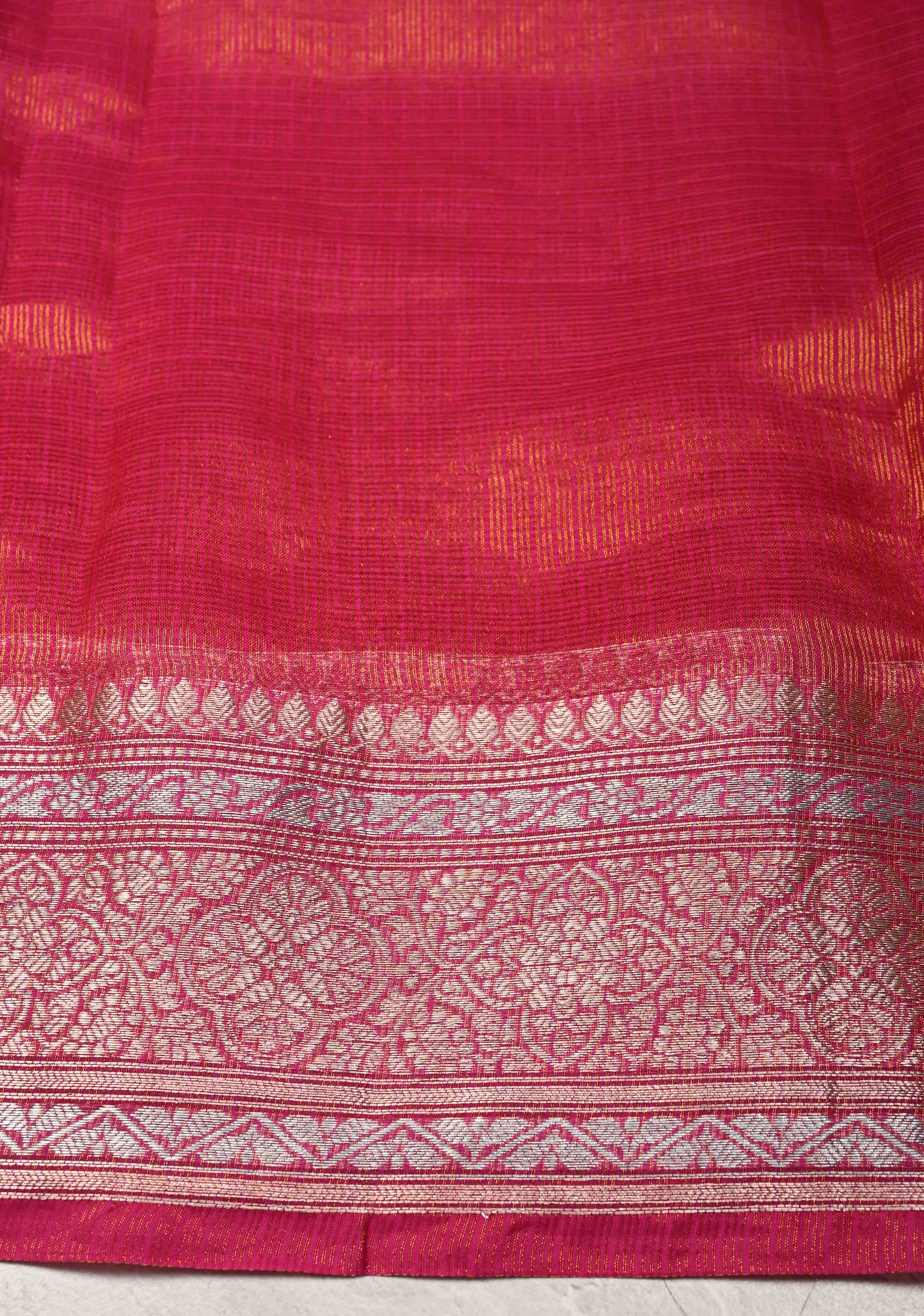 Bright Pink Kota Doria Tissue Cotton Saree with Sona Rupa Zari Border | Shobitam