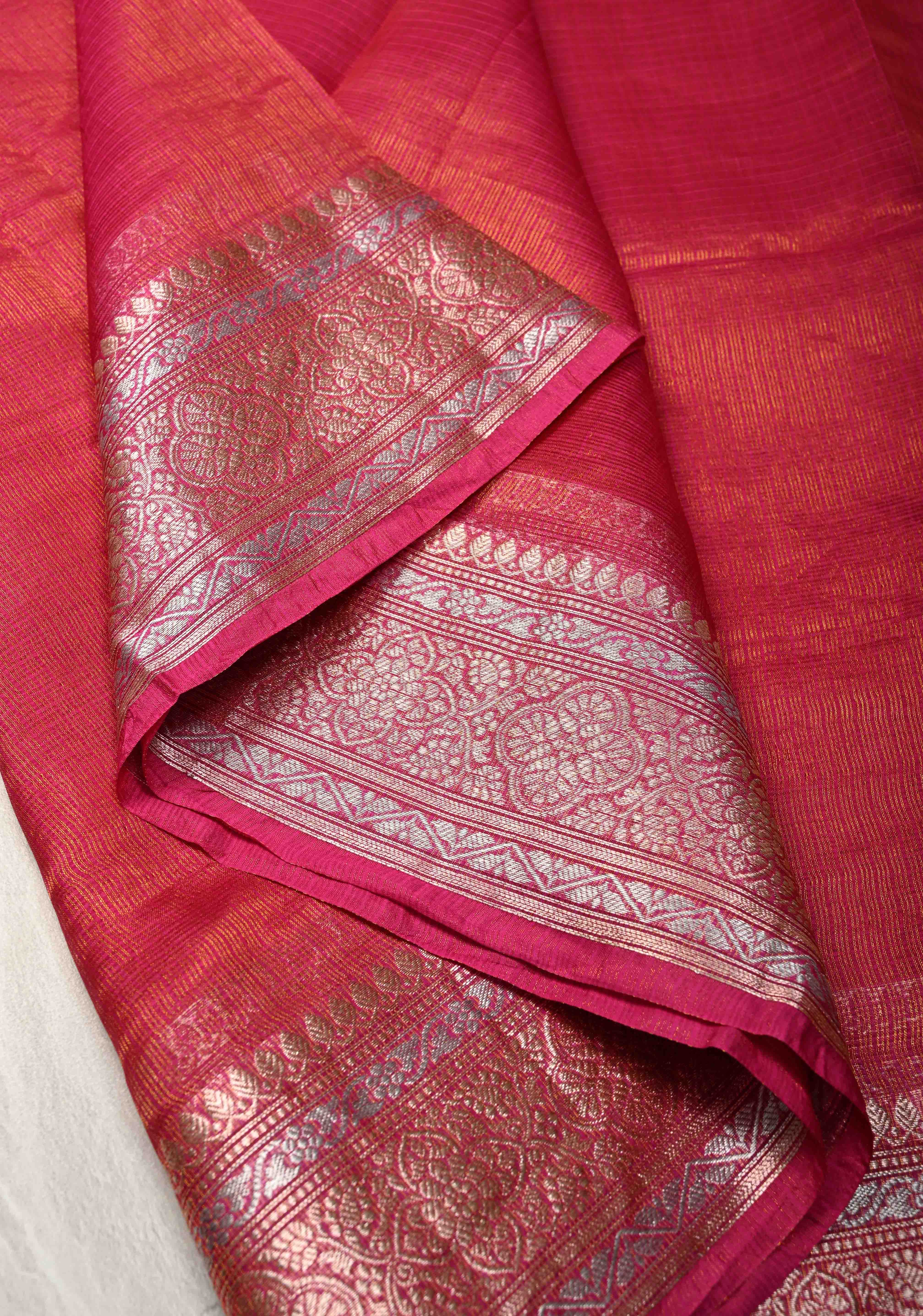 Bright Pink Kota Doria Tissue Cotton Saree with Sona Rupa Zari Border | Shobitam