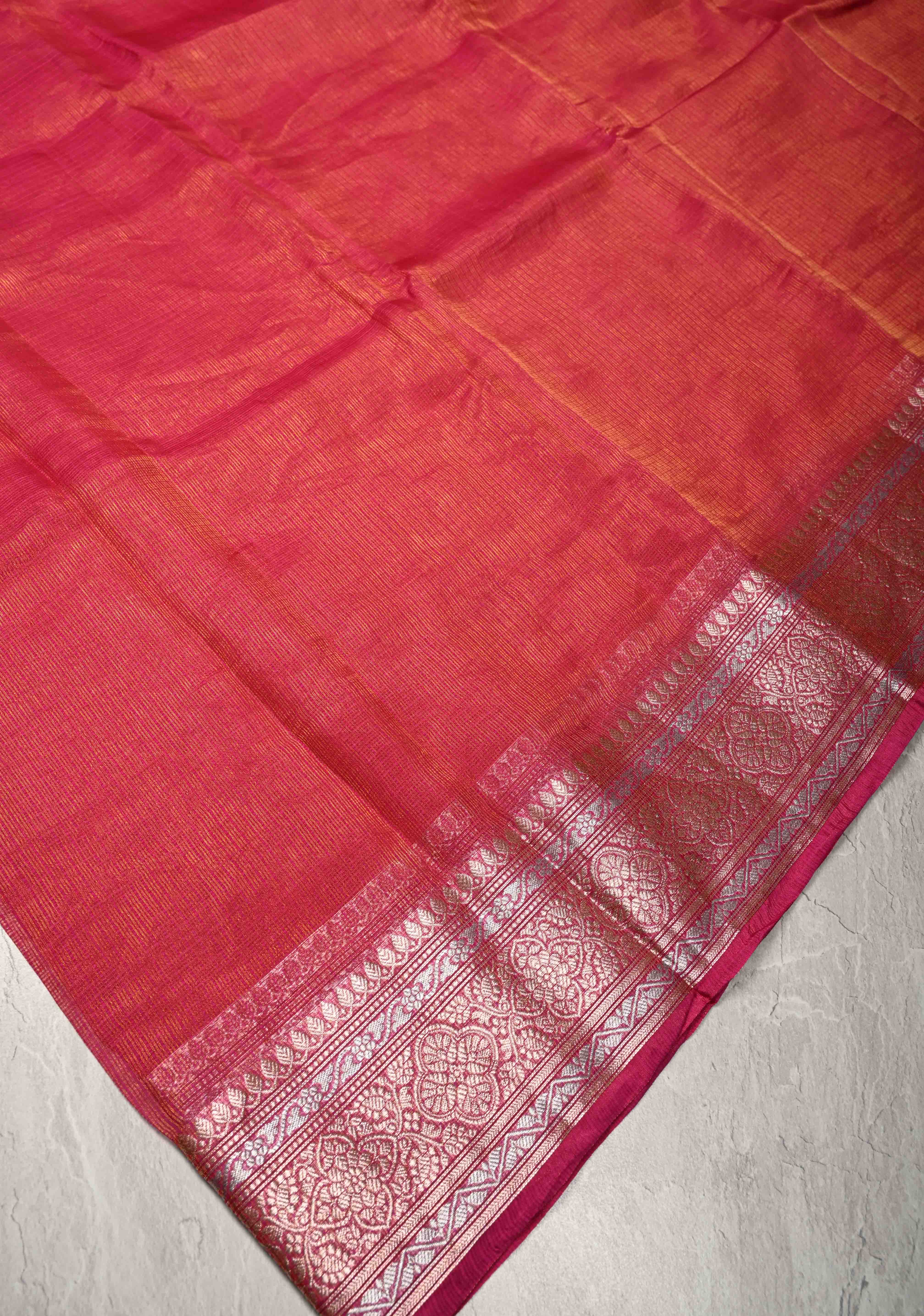 Bright Pink Kota Doria Tissue Cotton Saree with Sona Rupa Zari Border | Shobitam