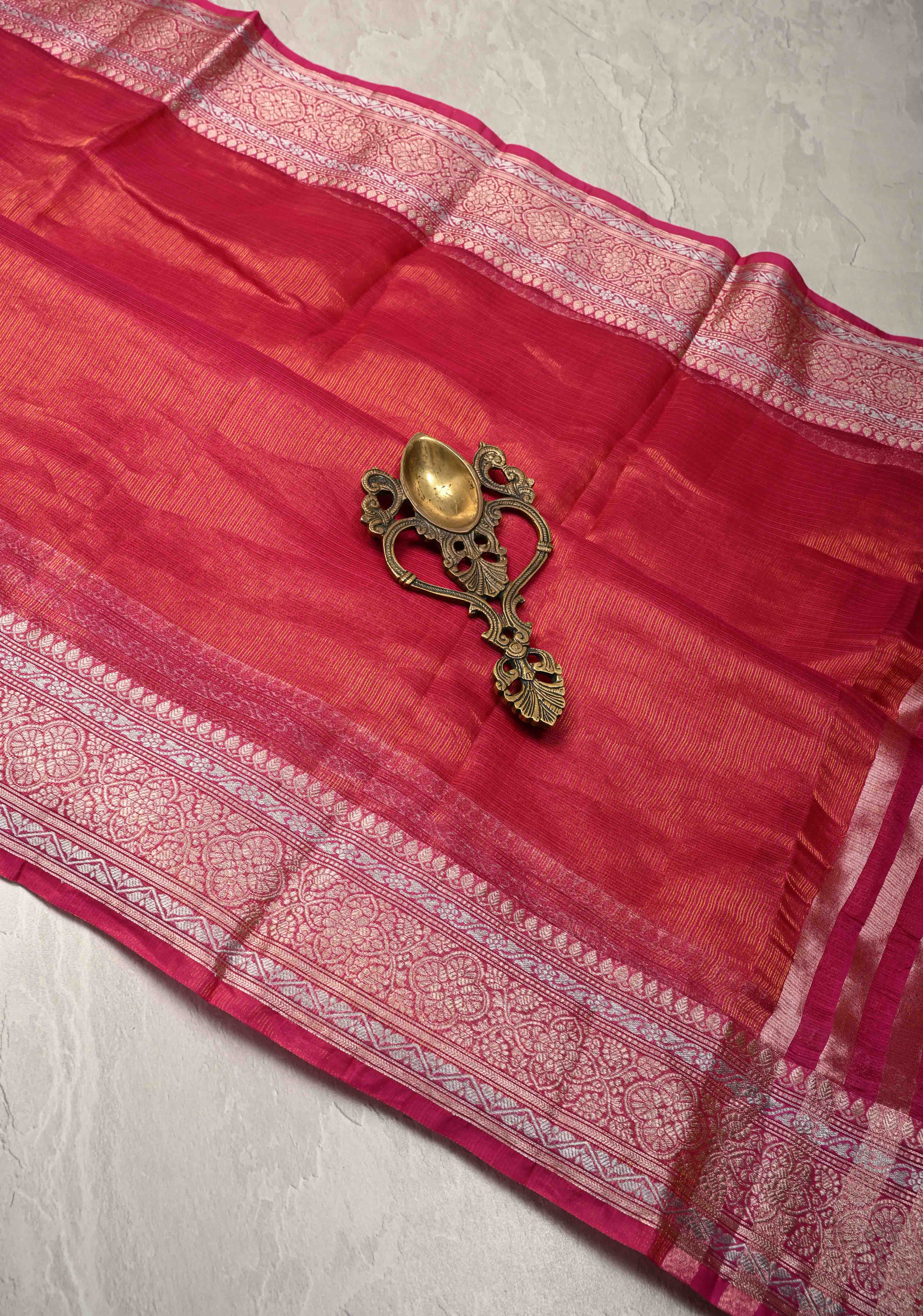 Bright Pink Kota Doria Tissue Cotton Saree with Sona Rupa Zari Border | Shobitam