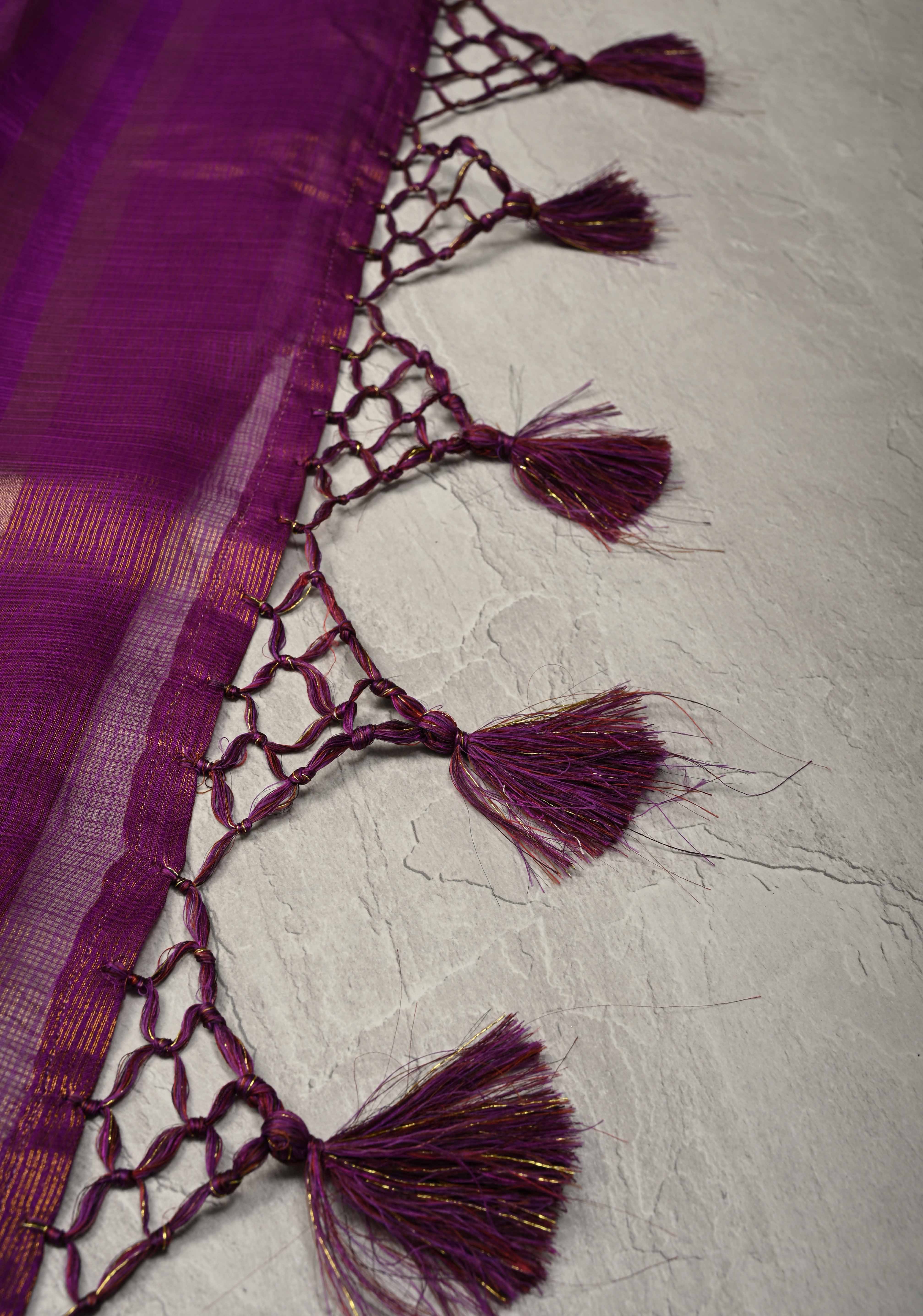 Purple Kota Doria Tissue Cotton Saree with Sona Rupa Zari Border | Shobitam