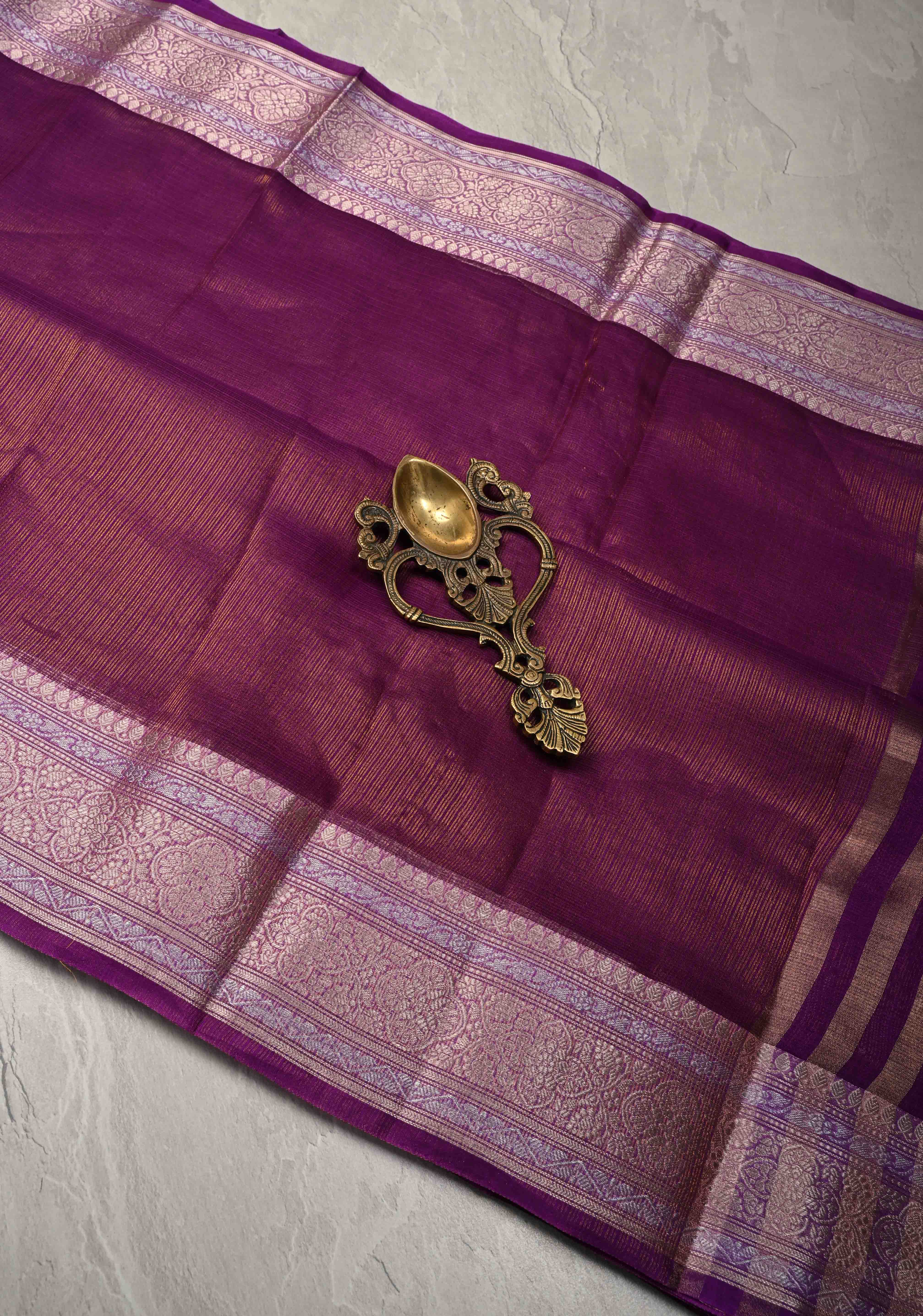 Purple Kota Doria Tissue Cotton Saree with Sona Rupa Zari Border | Shobitam