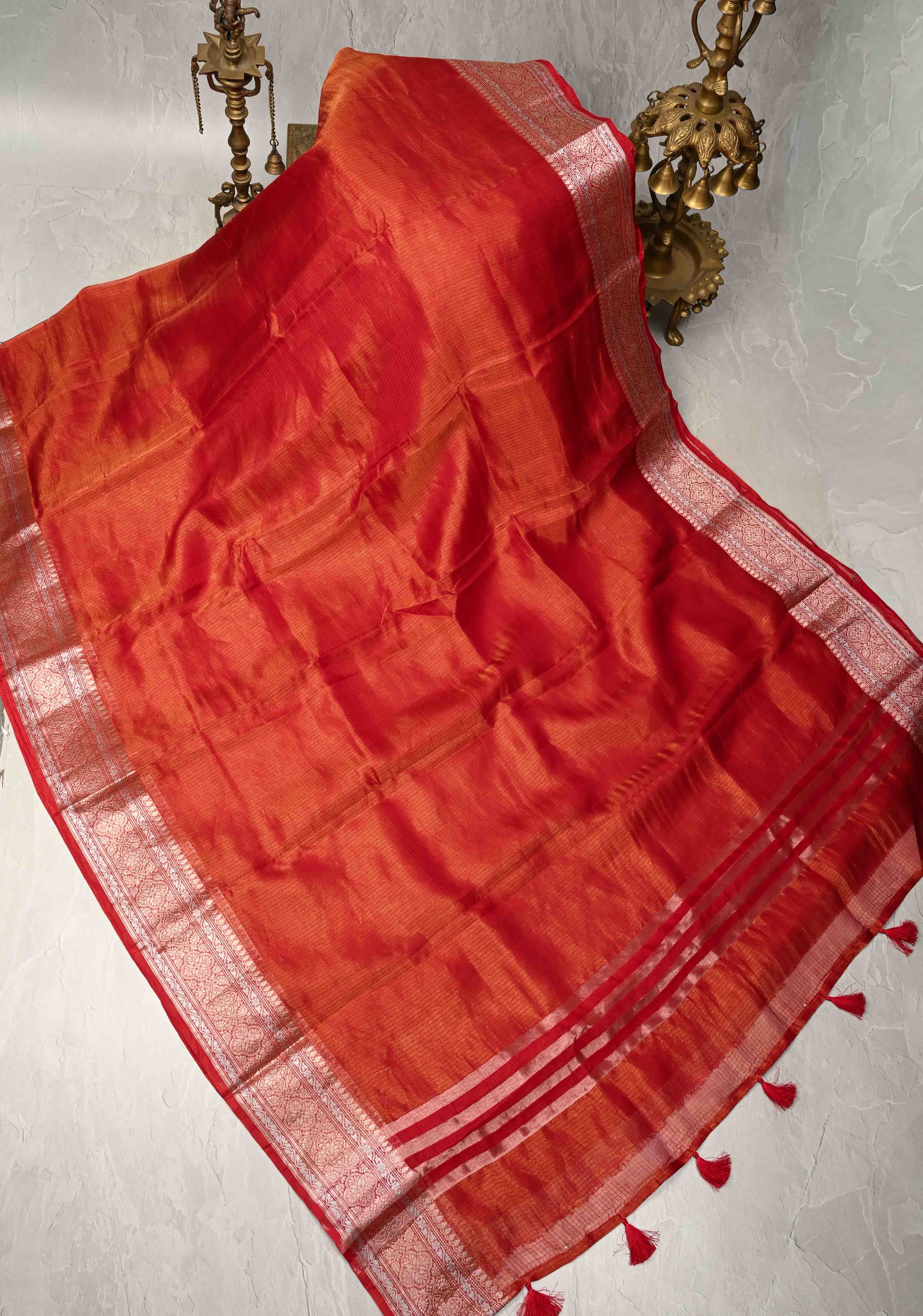 Red Kota Doria Tissue Cotton Saree with Sona Rupa Zari Border | Shobitam
