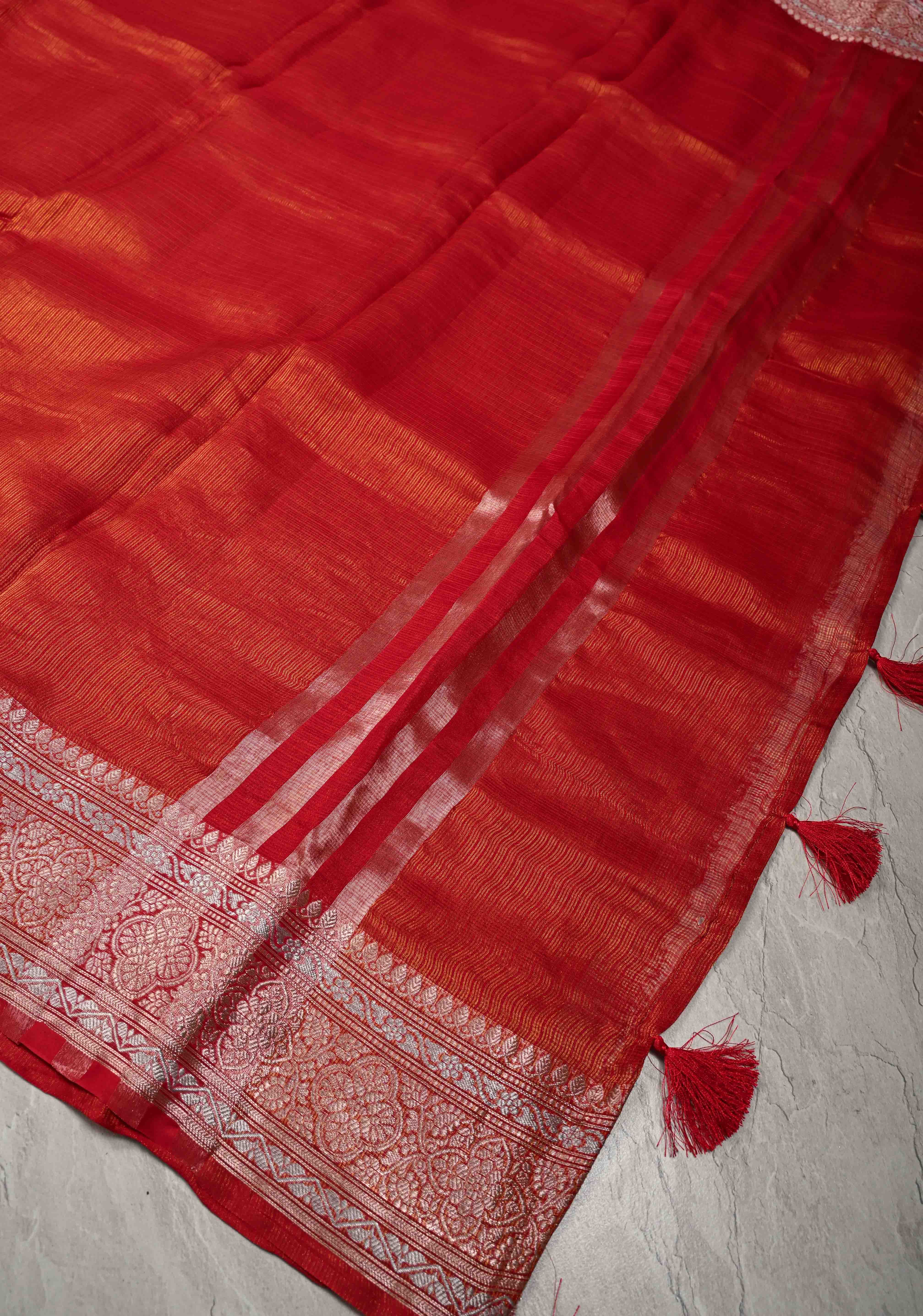 Red Kota Doria Tissue Cotton Saree with Sona Rupa Zari Border | Shobitam