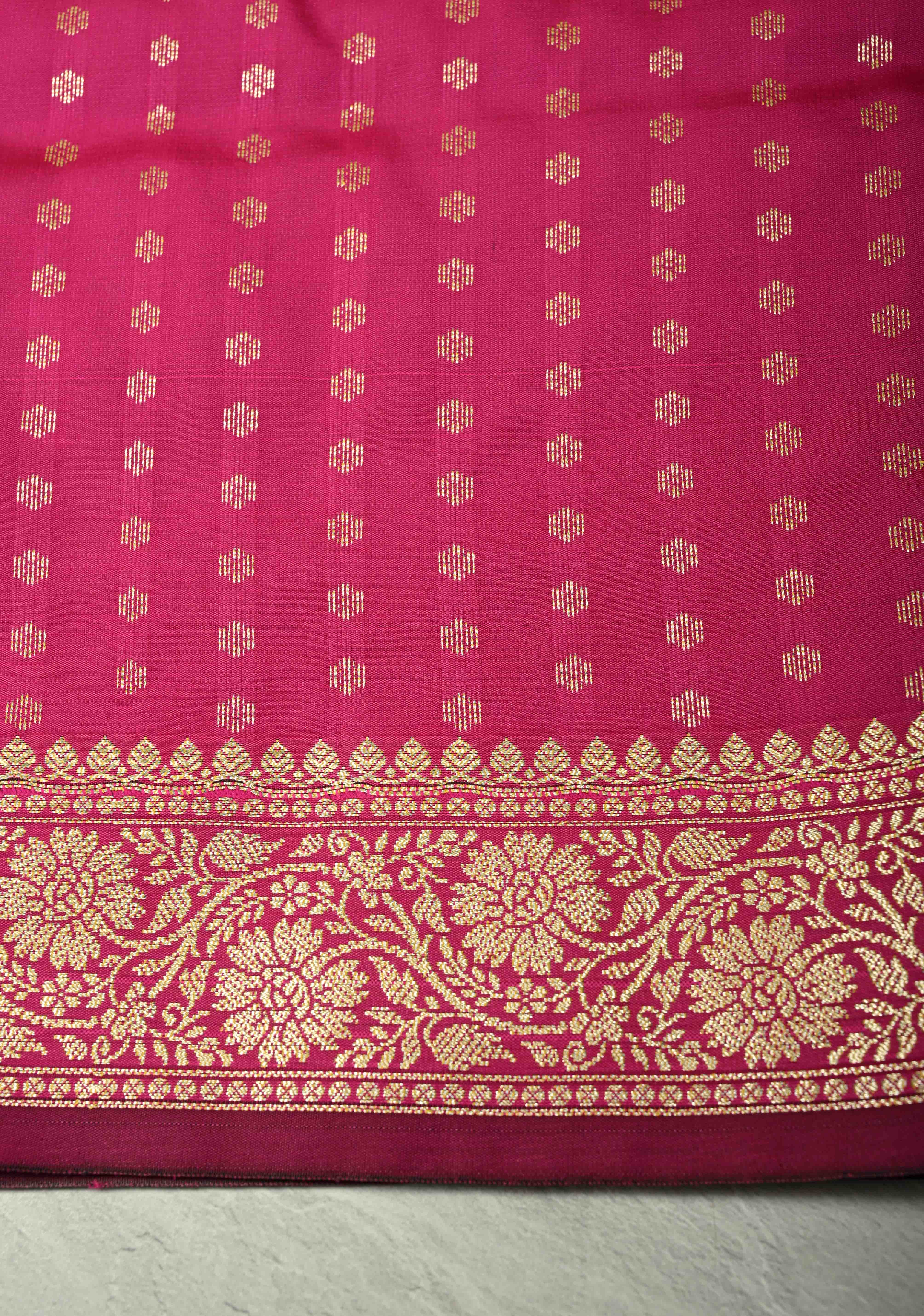 Deep Pink Semi Silk Saree with Floral Zari Border and Brocade Blouse Piece | Shobitam
