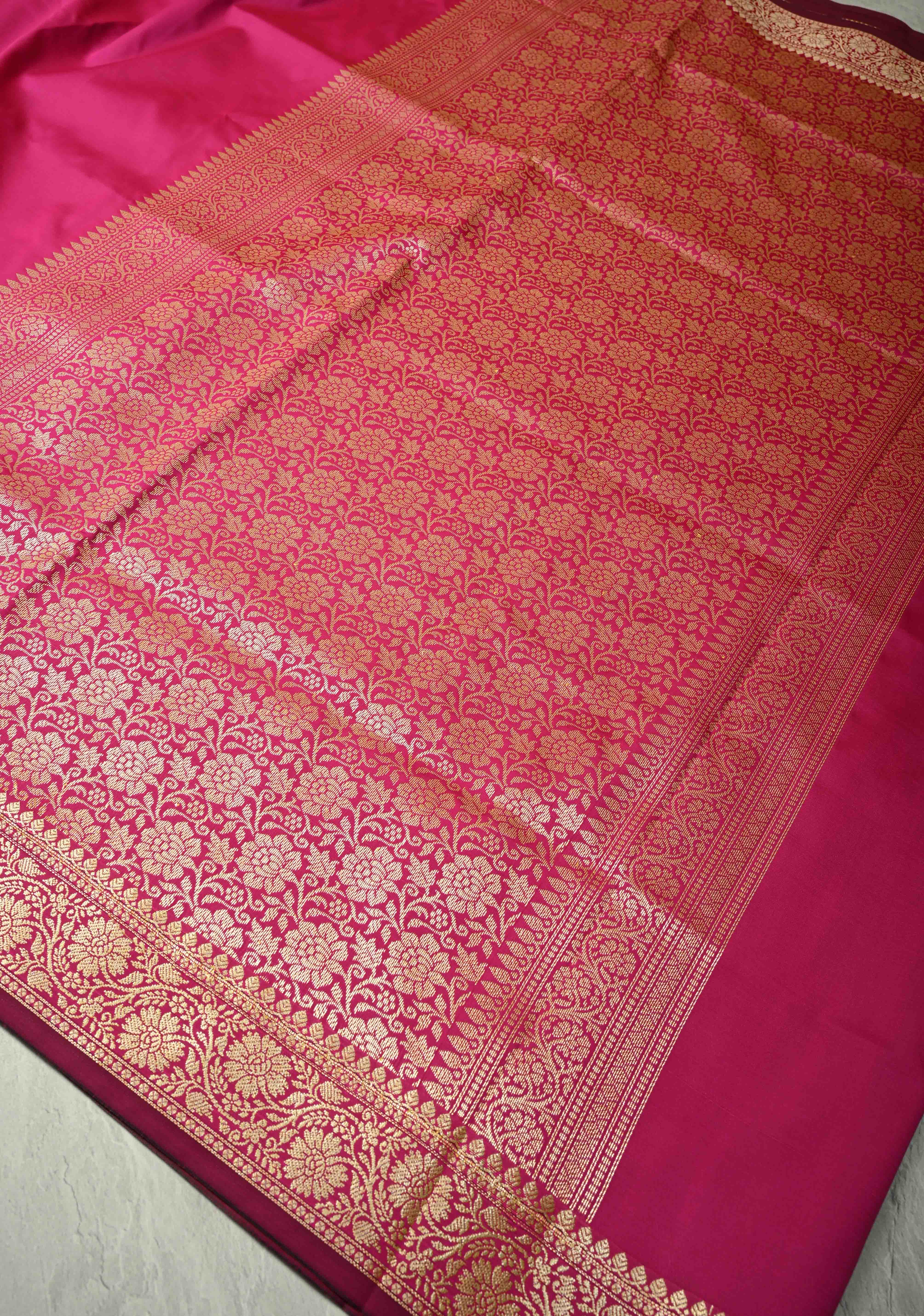 Deep Pink Semi Silk Saree with Floral Zari Border and Brocade Blouse Piece | Shobitam
