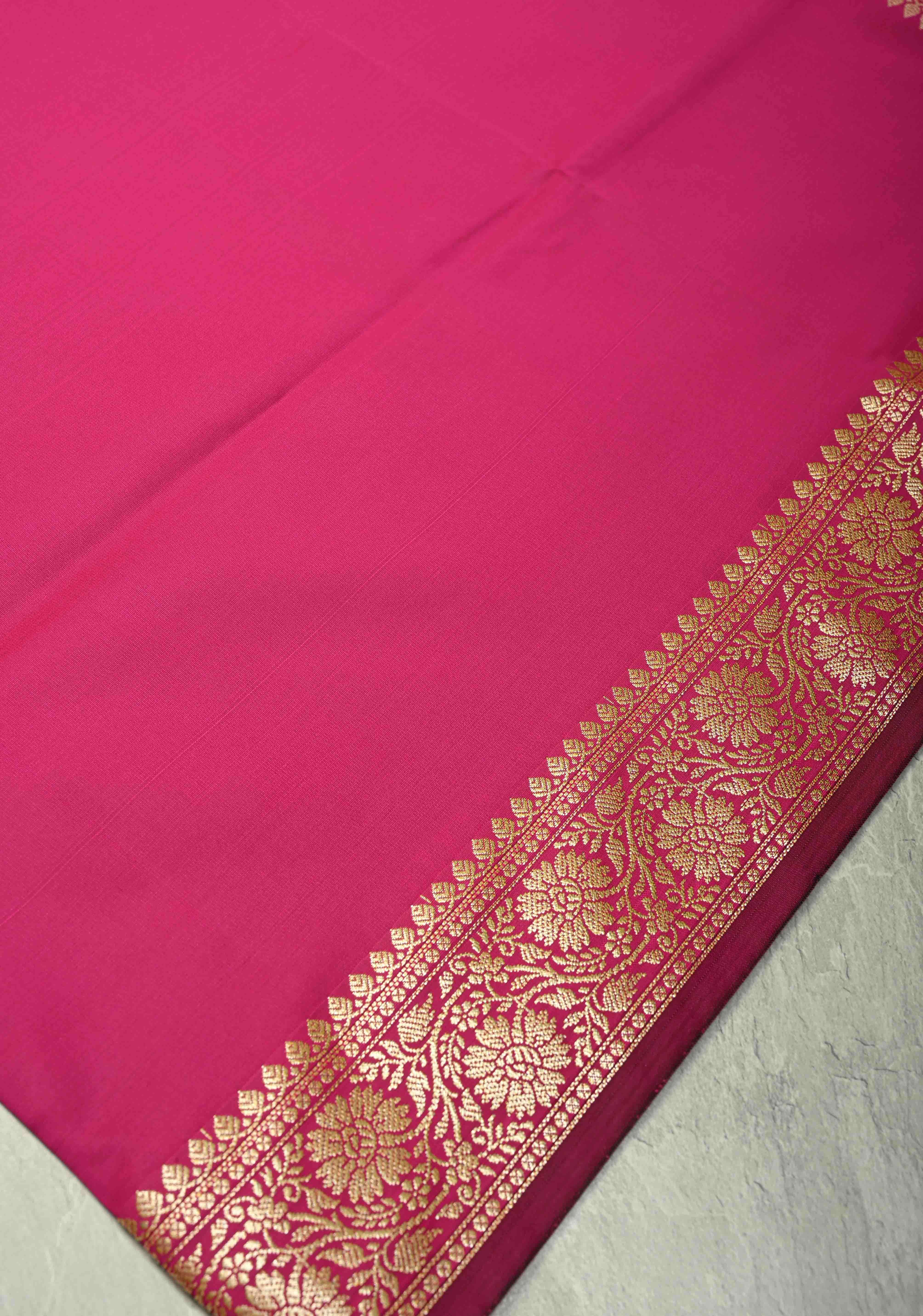 Deep Pink Semi Silk Saree with Floral Zari Border and Brocade Blouse Piece | Shobitam