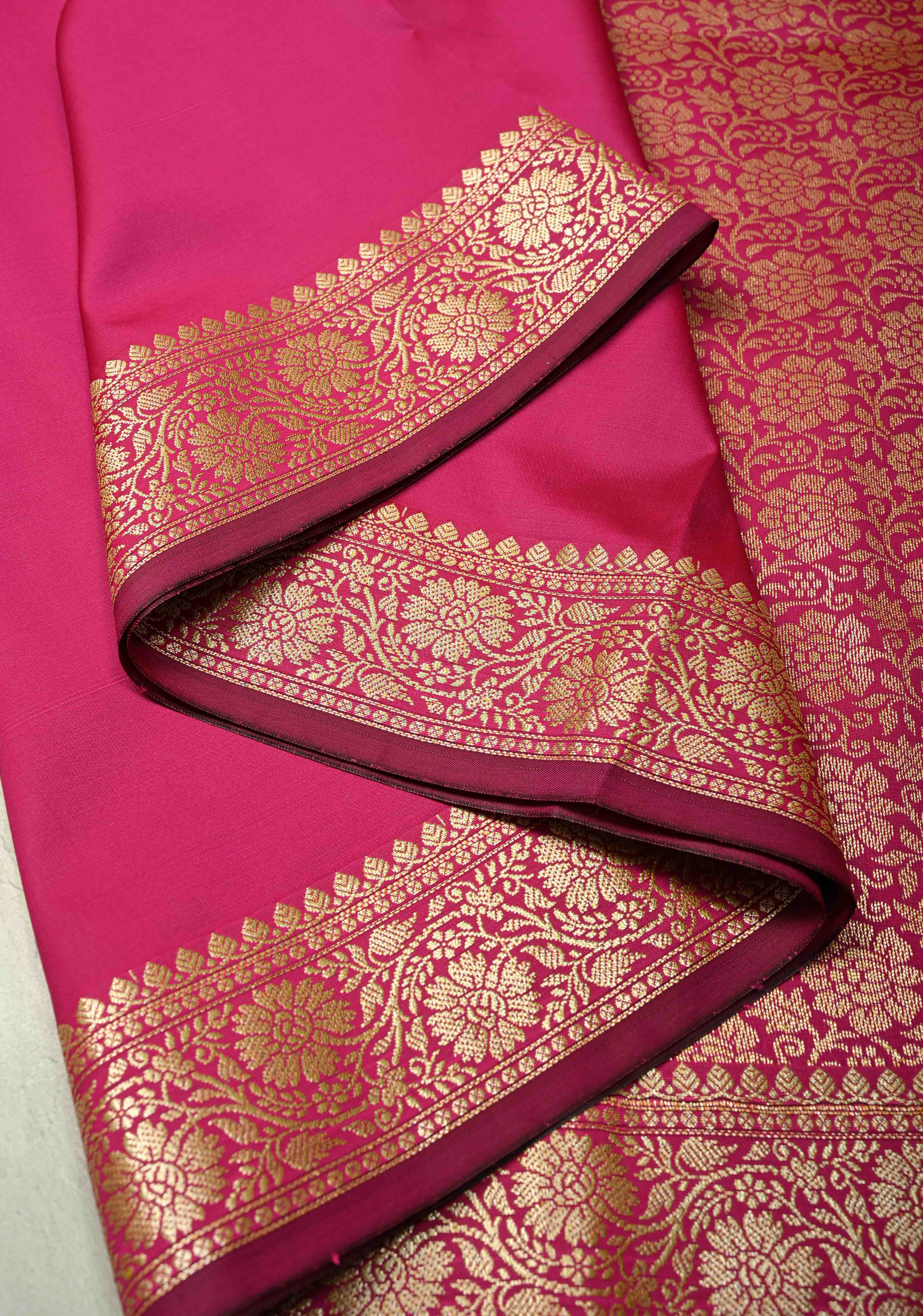 Deep Pink Semi Silk Saree with Floral Zari Border and Brocade Blouse Piece | Shobitam