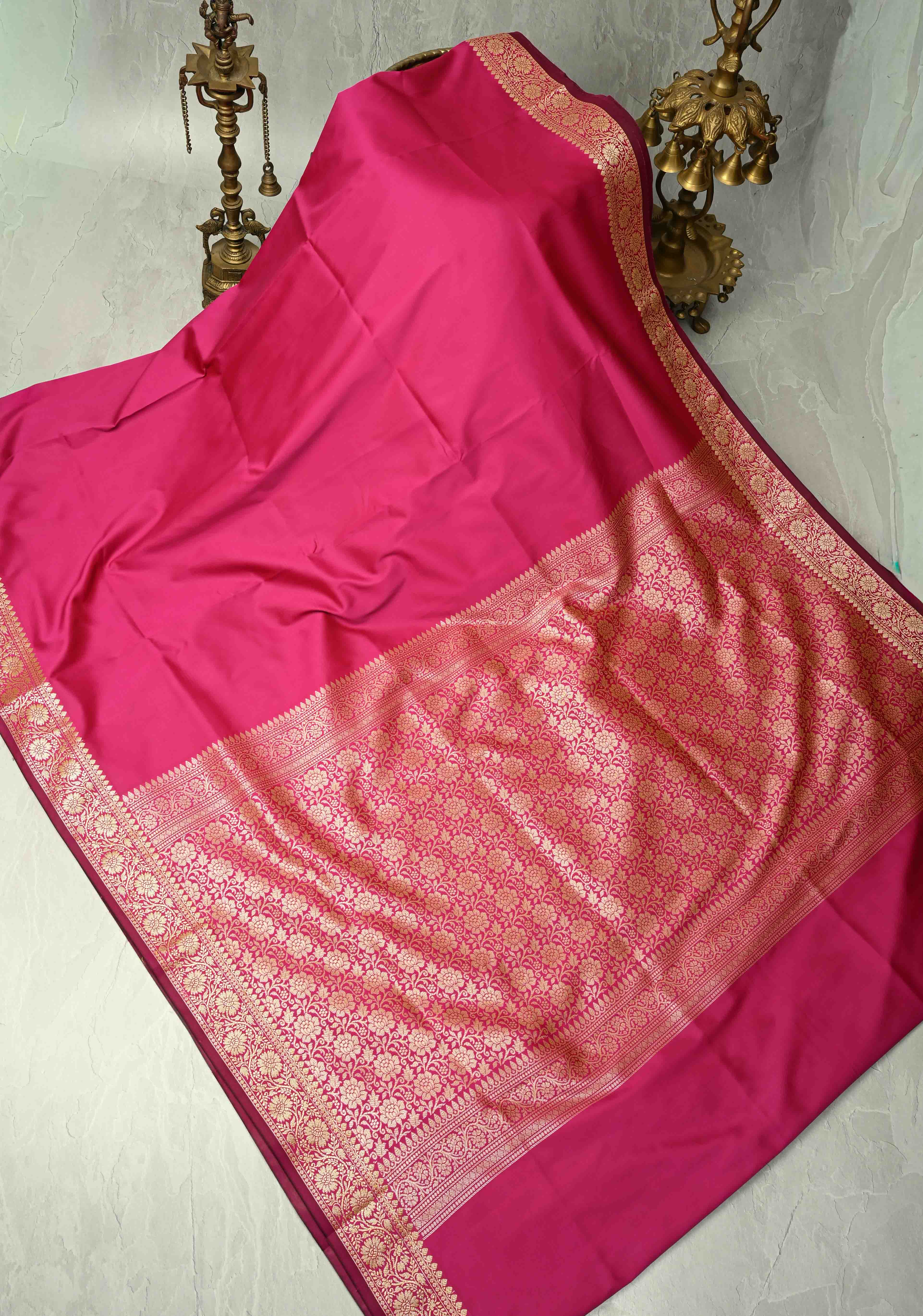 Deep Pink Semi Silk Saree with Floral Zari Border and Brocade Blouse Piece | Shobitam