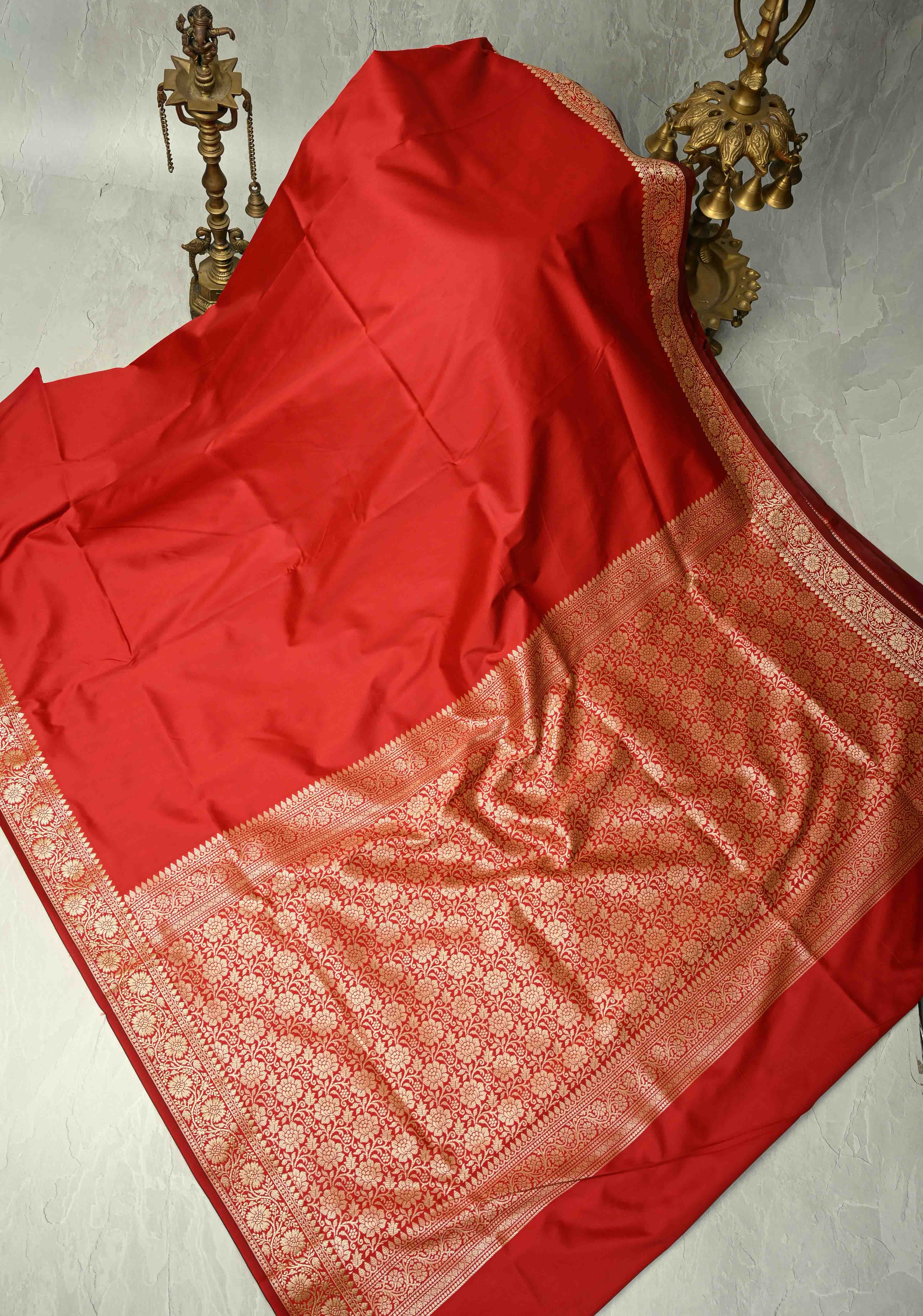 Crimson Red Semi Silk Saree with Zari Border | Shobitam