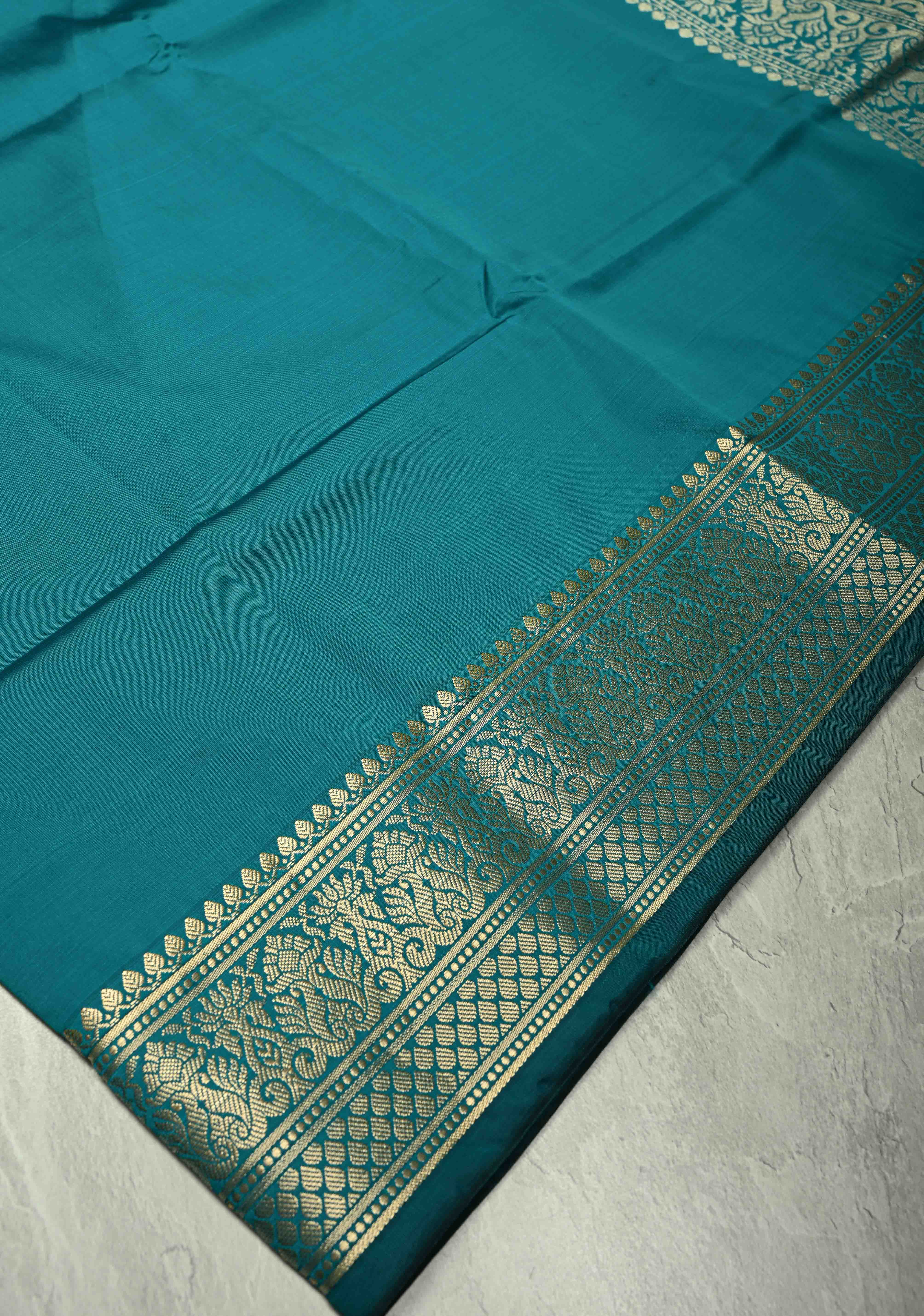 Persian Green Semi Silk Saree with Floral Zari Border, Brocade Blouse Piece | Shobitam