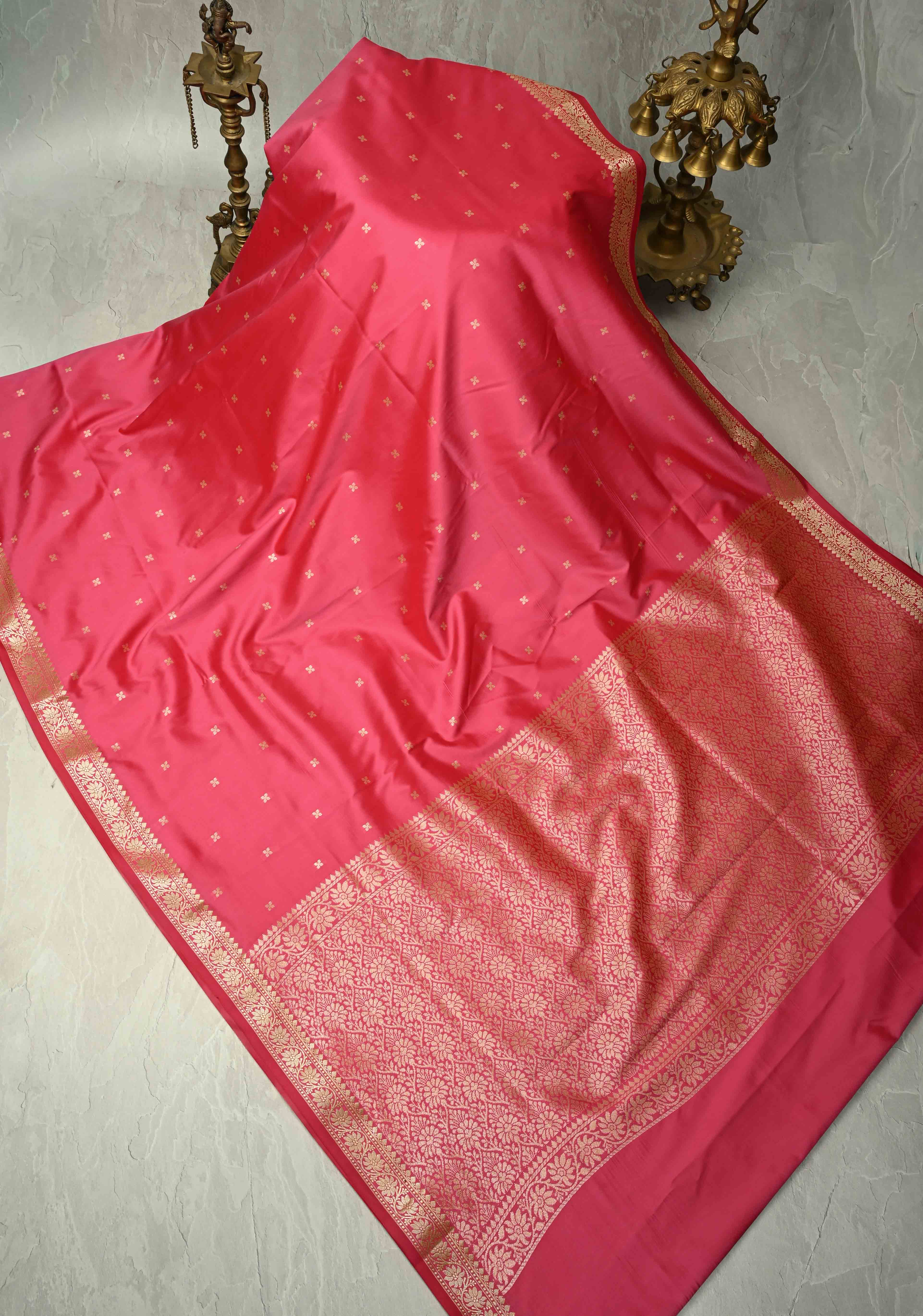 French Rose Semi Silk Saree with Chunri Buttis and Minimal Zari Border